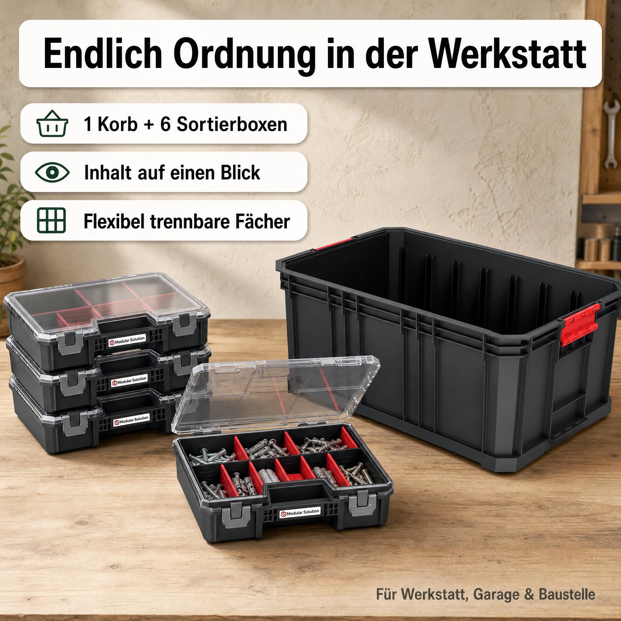 Sortimentskasten Set 7-tlg., Kleinteilemagazin mit Trennwänden | 520x329x210 mm, Modulare Werkzeugkiste mit Sortierboxen für Kleinteile – stapelbar, wandmontierbar, bis 50 kg belastbar