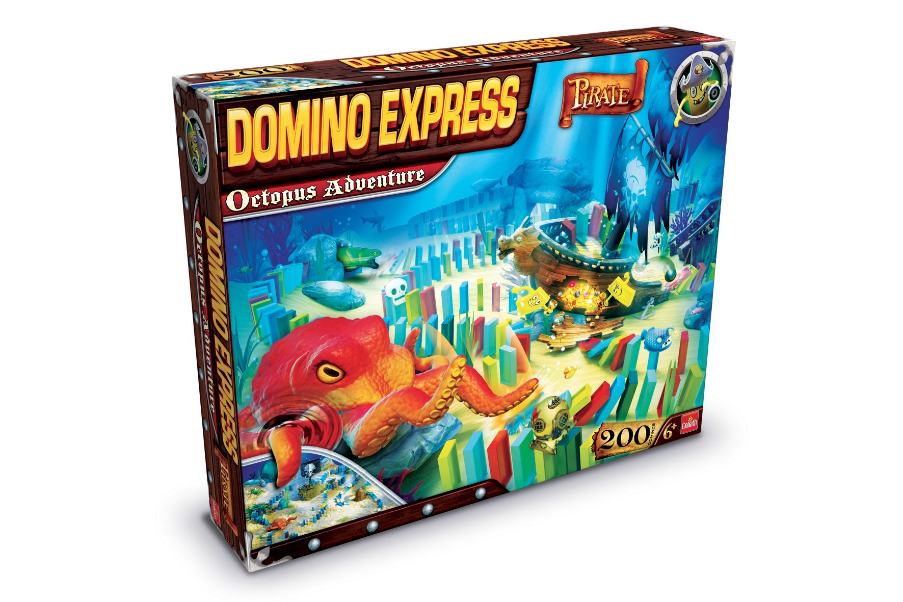 Detailed view of the Domino Express Octopus Menace game layout with dominoes, octopus, and shipwreck