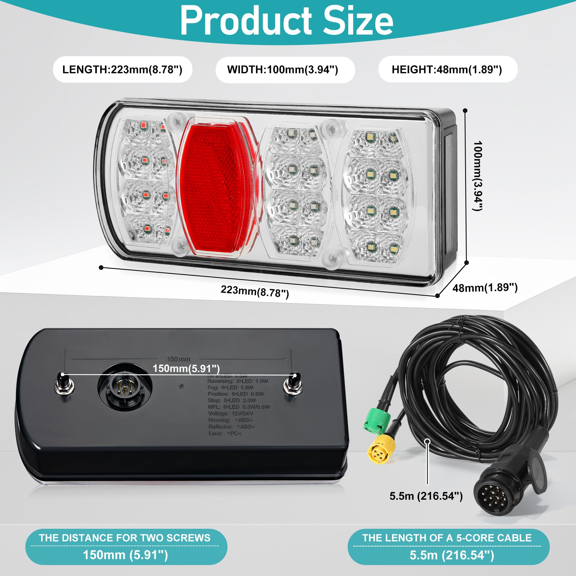 Kit Luces de Remolque 13 Pines 12V/24V Pilotos Traseros Led 7Funciones | IP65 Impermeable E57 Homologados | Conector Bayoneta 5P Pre-cableado 5,5m para Caravana, Camión, Remolque Agrícola