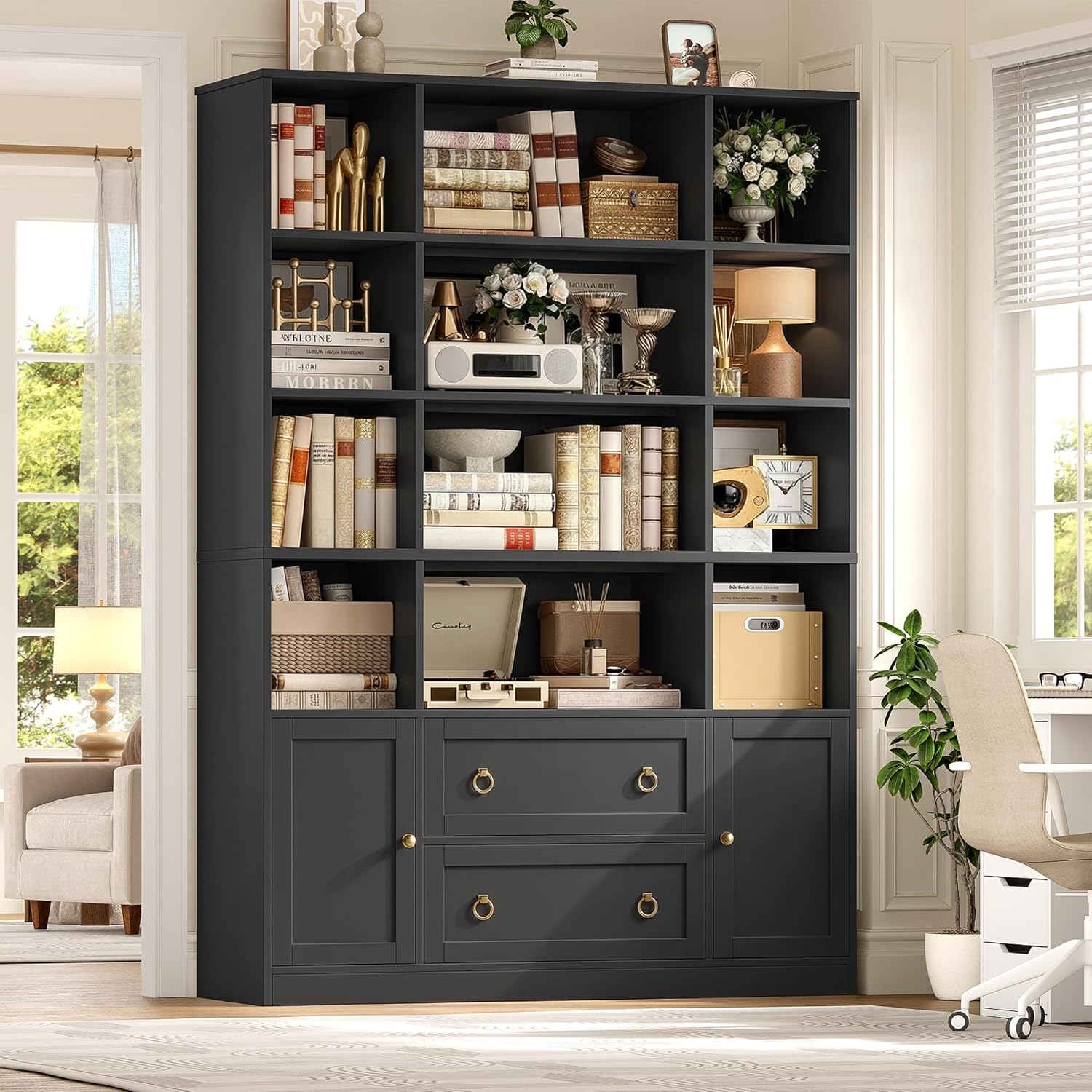 FINETONES 71" H Black Bookshelf with Doors, 6 Tier Tall Bookcase with Drawers, Triple Wide Large Bookshelves and Bookcases, Wood Book Shelf Storage Cabinet for Home Office, Black