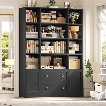 FINETONES 71" H Black Bookshelf with Doors, 6 Tier Tall Bookcase with Drawers, Triple Wide Large Bookshelves and Bookcases, Wood Book Shelf Storage Cabinet for Home Office, Black