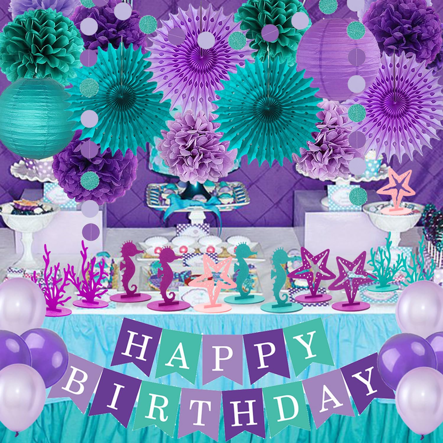 Teal Viola Lavanda Decorazioni per feste Sirena Festa di Compleanno Tessuto Pom Pom Fiori Lanterne Buon Compleanno Banner Dots Ghirlanda sotto il mare Festa Ragazze Baby Shower Party Decorazione