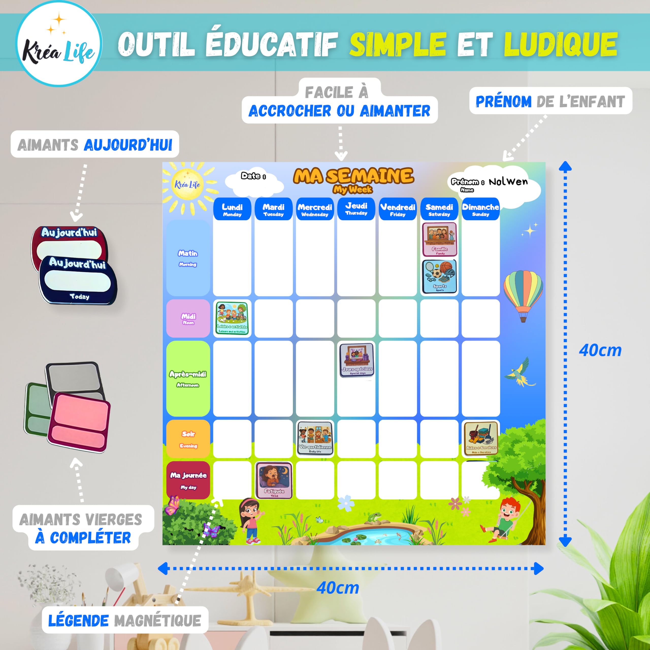 KréaLife® Planning Semaine Enfant Tableau Magnétique 40x40 cm +220 Aimants Colorés Éducatif Bilingue FR/EN
