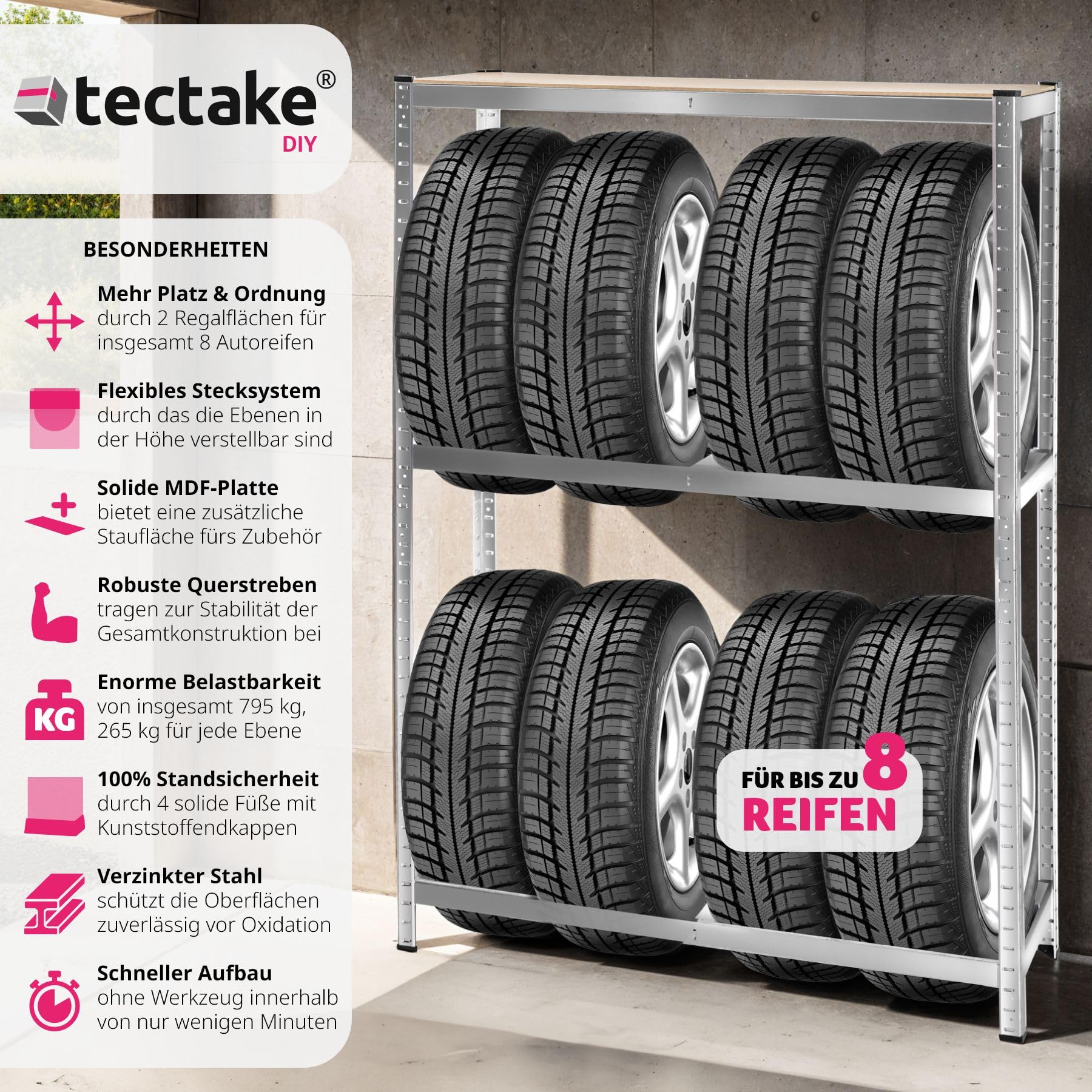 tectake® Reifenregal bis zu 8 Reifen aus Metall, Regal für Keller oder Garagen, Werkstatteinrichtung, für Autoreifen Aufbewahrung, Lagerregal 180x120x40cm, Reifenständer, Schwerlastregal, Felgenbaum