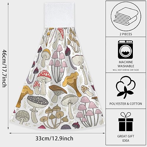 Miniatura 2 de Toalla de mano retro de hongos con lazo, 2 toallas suaves para colgar, toallas absorbentes para cocina, bar, decoración de baño