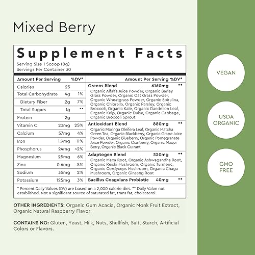 Miniatura 7 de Alaya Organic Super Greens Powder - Suplemento en polvo de jugo verde de primera calidad - Mezcla de adaptógenos, antioxidantes y probióticos - USDA