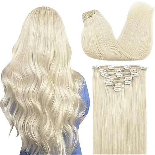 GOO GOO Clip in Hair Extensions Real Human Hair, Remy Human Hair Extensions Clip ins for Women, Natural Human Hair, 22inch 120g 7Pcs, 60A Platinum Blonde