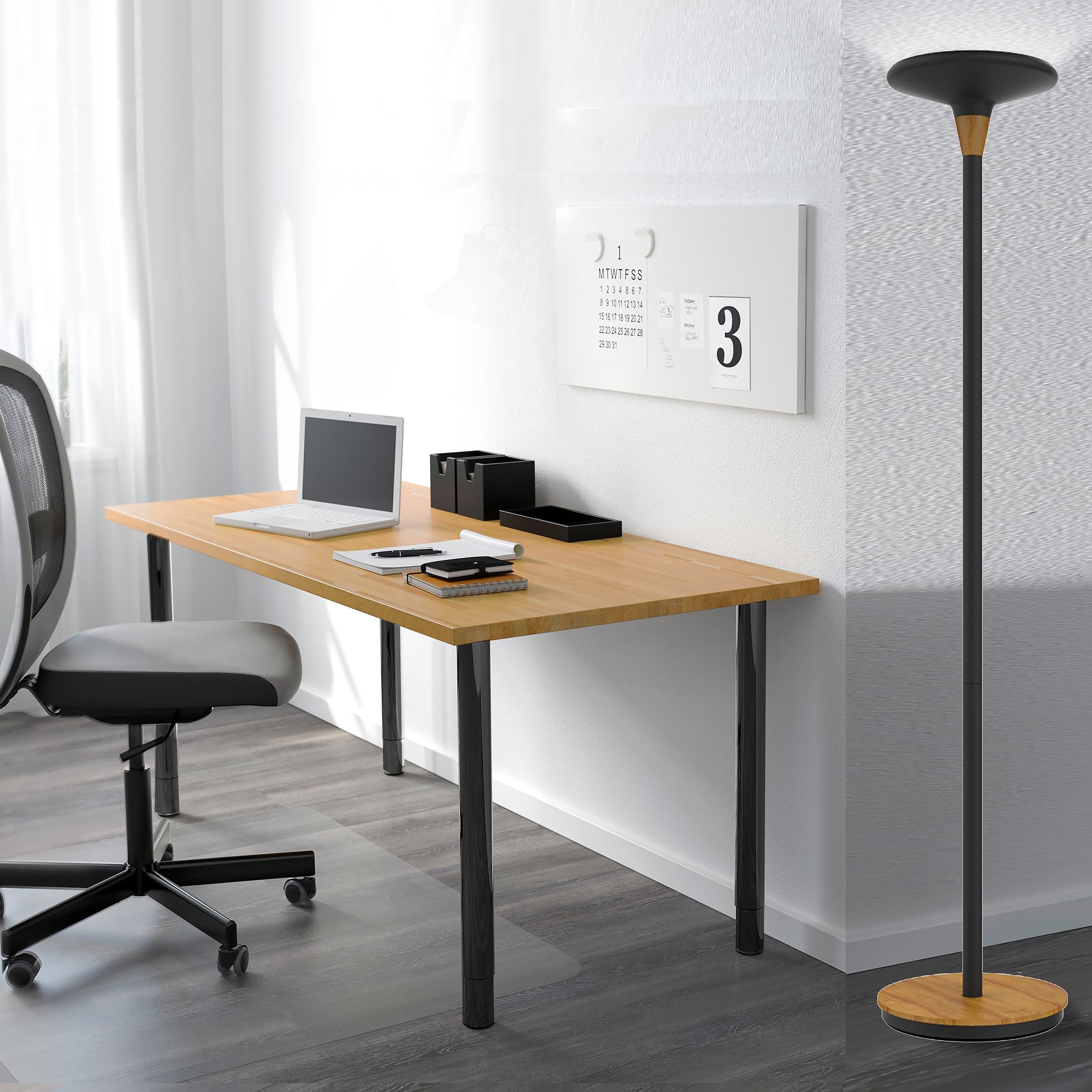 Unilux BALY Lampadaire LED 44W 5300 Lumens à Variation d'Intensité lumineuse 180 x 34cm Noir/Bamboo