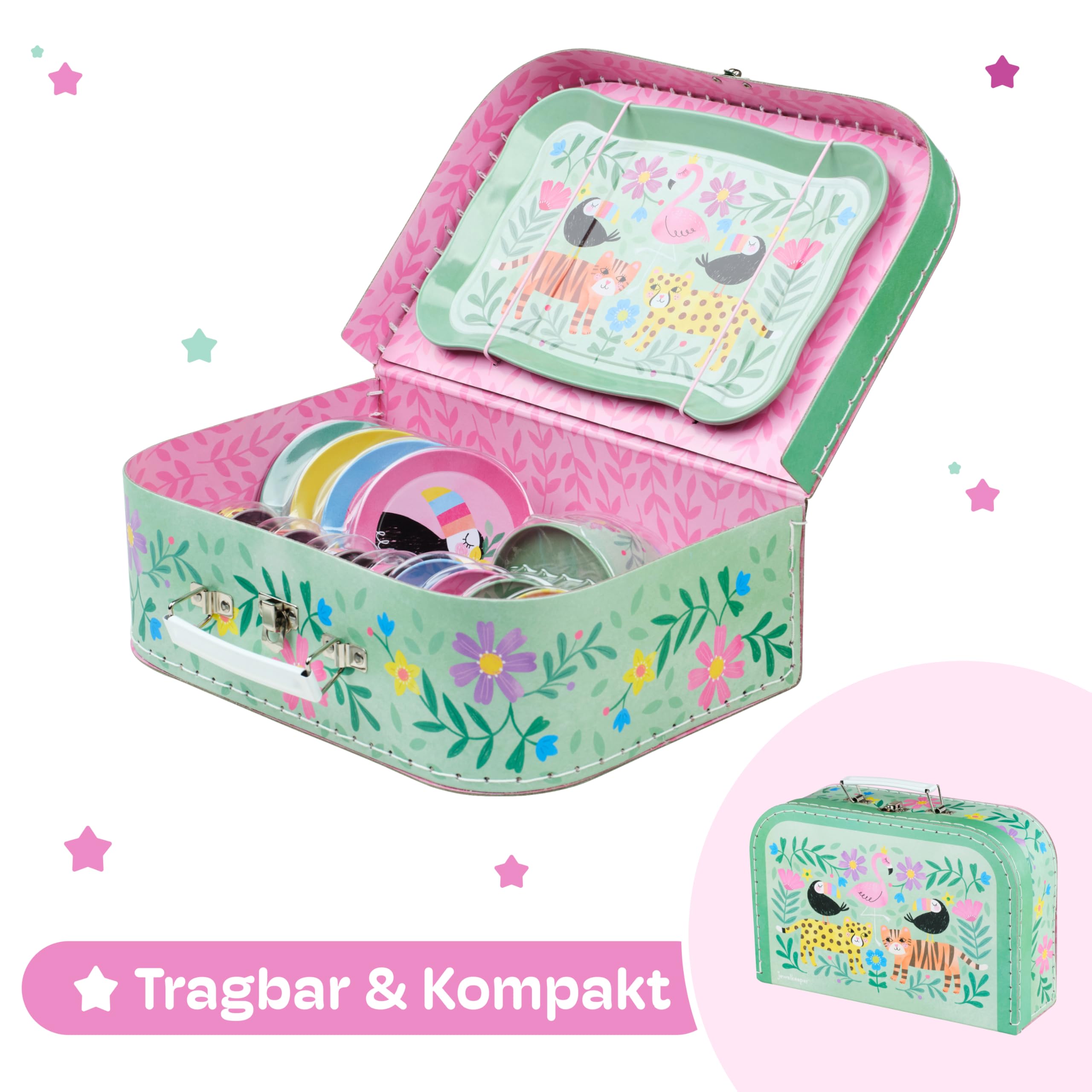 Jewelkeeper Teeservice für Kinder - Safari Design Kinder Teeservice, 15-teiliges Kindergeschirr für Spielküche und Kaffeekränzchen - Robuste Zinn-Konstruktion mit Tragetasche