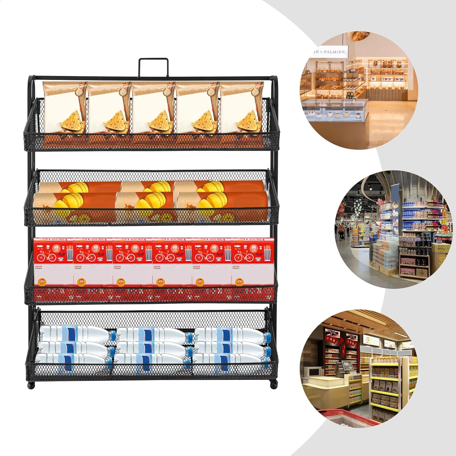 Retail Candy Display Rack, 4 Tiers Counter Groceries Display Rack, Metal Supermarket Store Display Rack, Snack Organizer (Black)