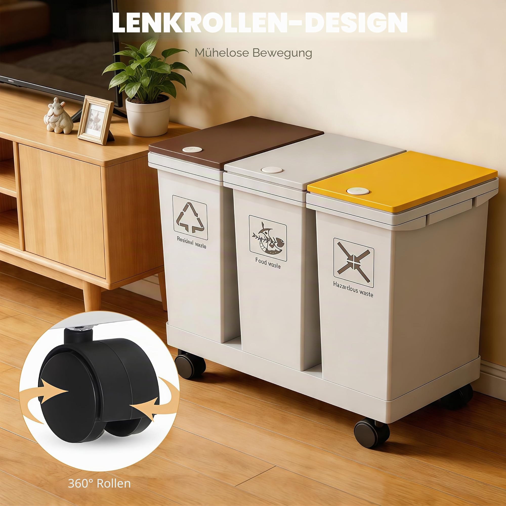 Mobiles Mülleimer Küche 3 x 12 L mit Rollen Mülltrennsystem 3 Fächer | mit Druckdeckeln für Zuhause und Büro Abnehmbarer Trash Can für Küchenabfälle Plastik Papier und Glas