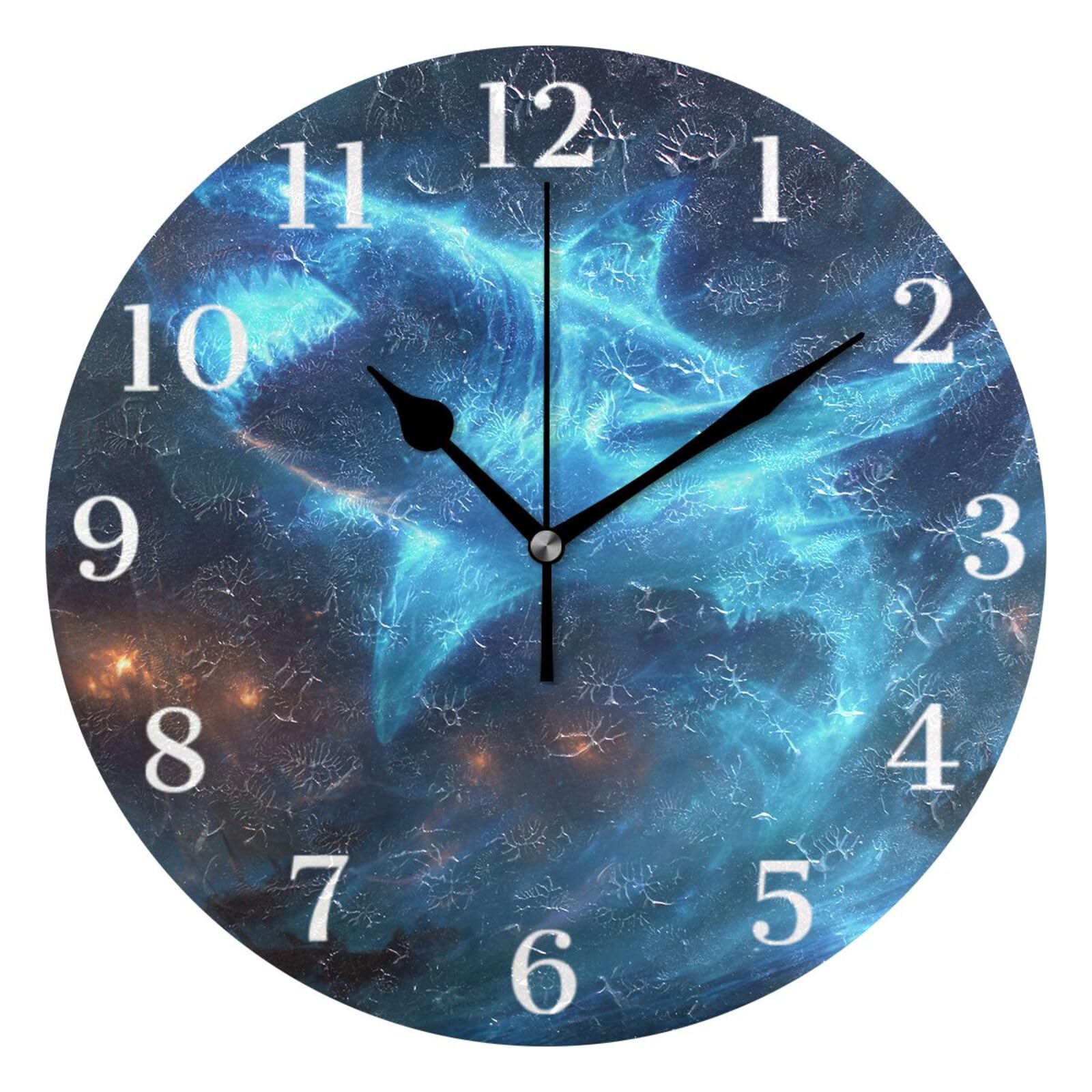 Ensound Ghostly Shark Wall Clock Silent Non-Ticking Battery Operated Clocks 12 Inch for Kitchen Home Living Room