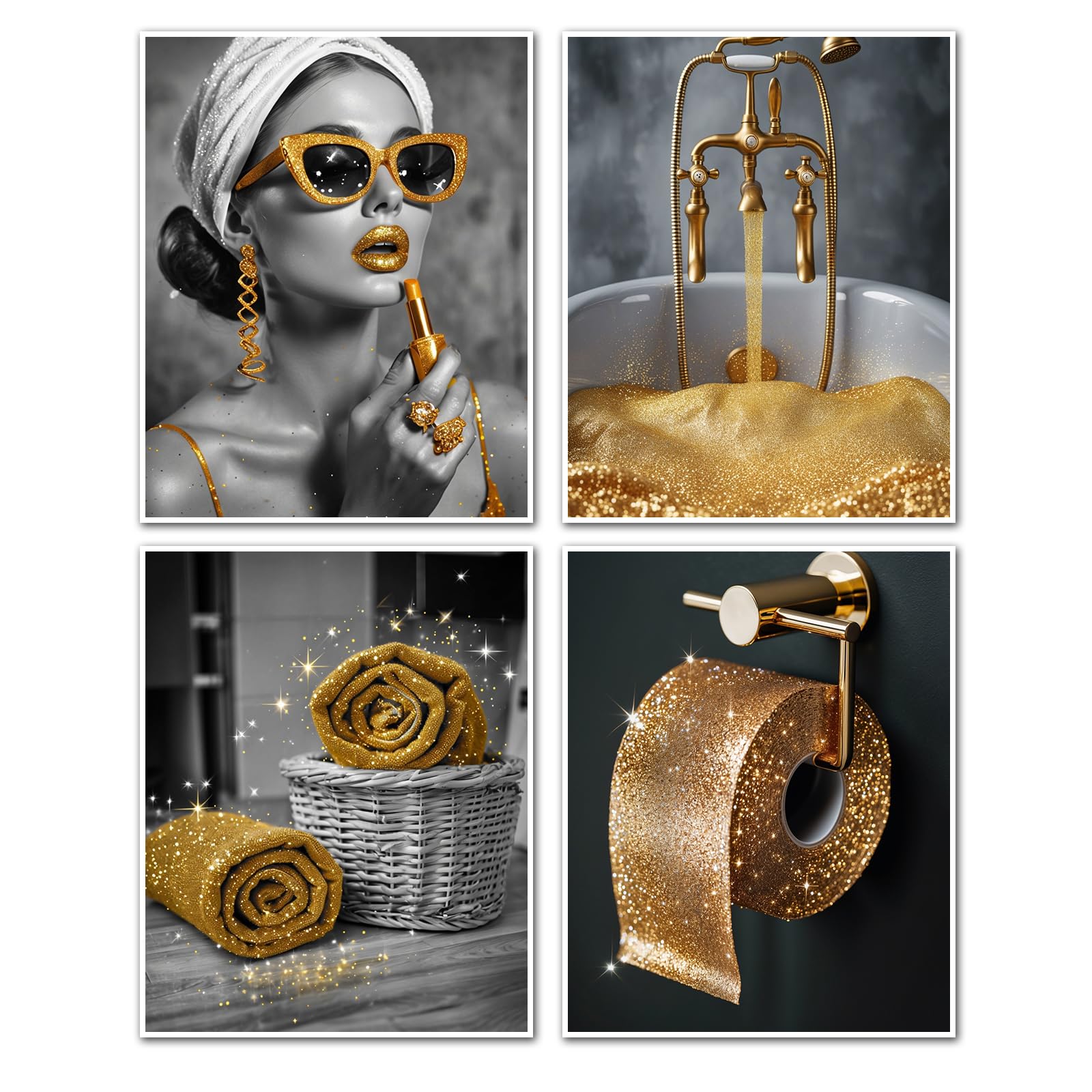 XOTXAJML Fashion Wall Art Bathroom Wall Decor Prints Set of 4 Black White Gold Glam Glitter Canvas Poster Picture Photo Painting Bathroom Artwork Wall