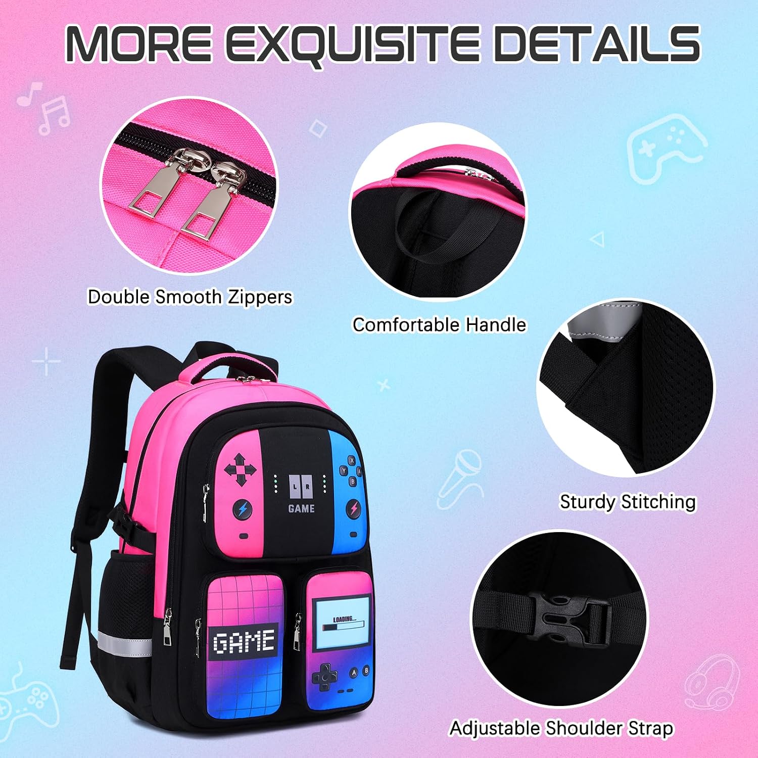 3PCS Gamer Backpack for Boys with Lunch Box & Pencil Pouch (Pink Blue) image 5
