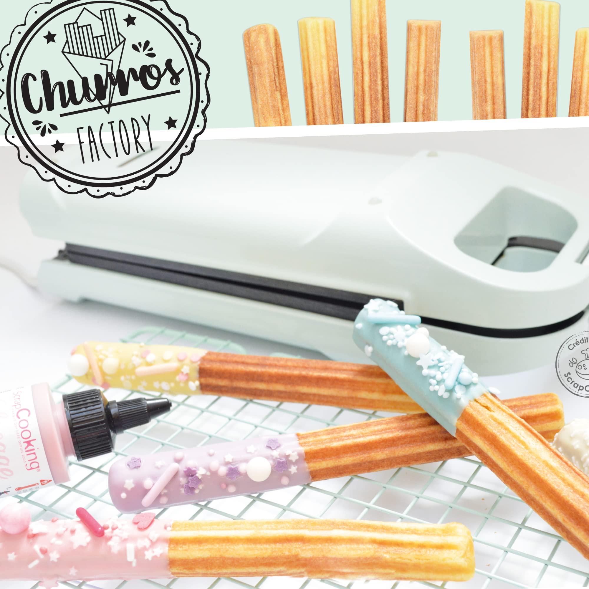 ScrapCooking - Churros Factory - Machine à Churros Maison - Avec Plaque Chauffante Anti-Adhérente, Rotation 180° - Appareil Idée Cadeau Pâtisserie Cuisine - Recette incluse - Vert - 3888