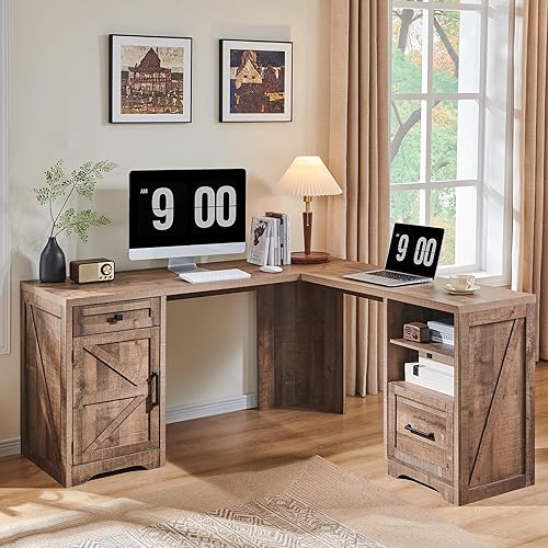 JXQTLINGMU Home Office Desk, Modern Farmhouse Computer Desk with File Cabinet Letter T4 F4 Legal, Study Writing Desk, 59 Inch, Warm Brown