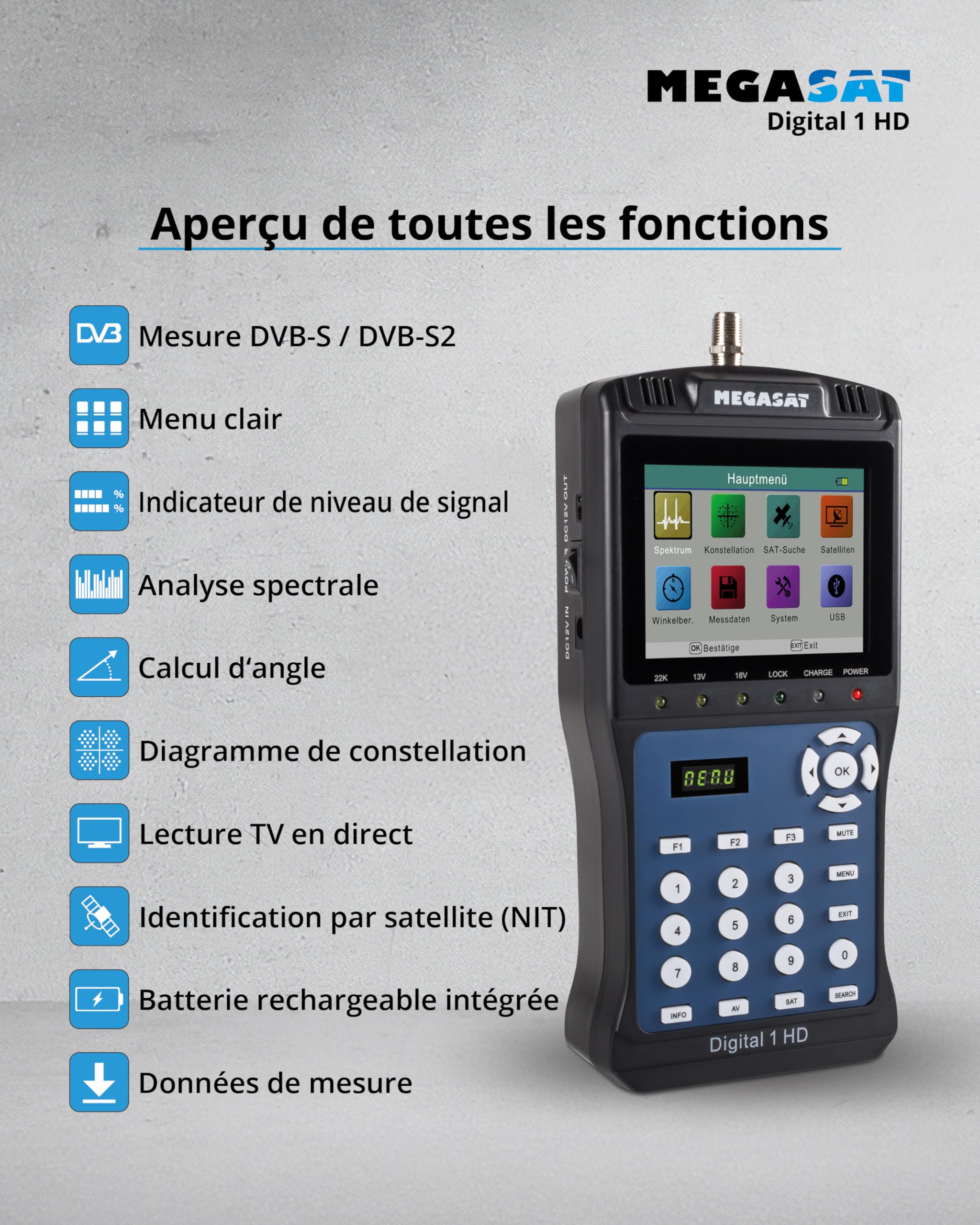 Megasat 2600011 satmessgerät Digital 1 HD Noir | DVB-S, DVB-S2, image TV en direct, Unicable, écran couleur 3,5", batterie