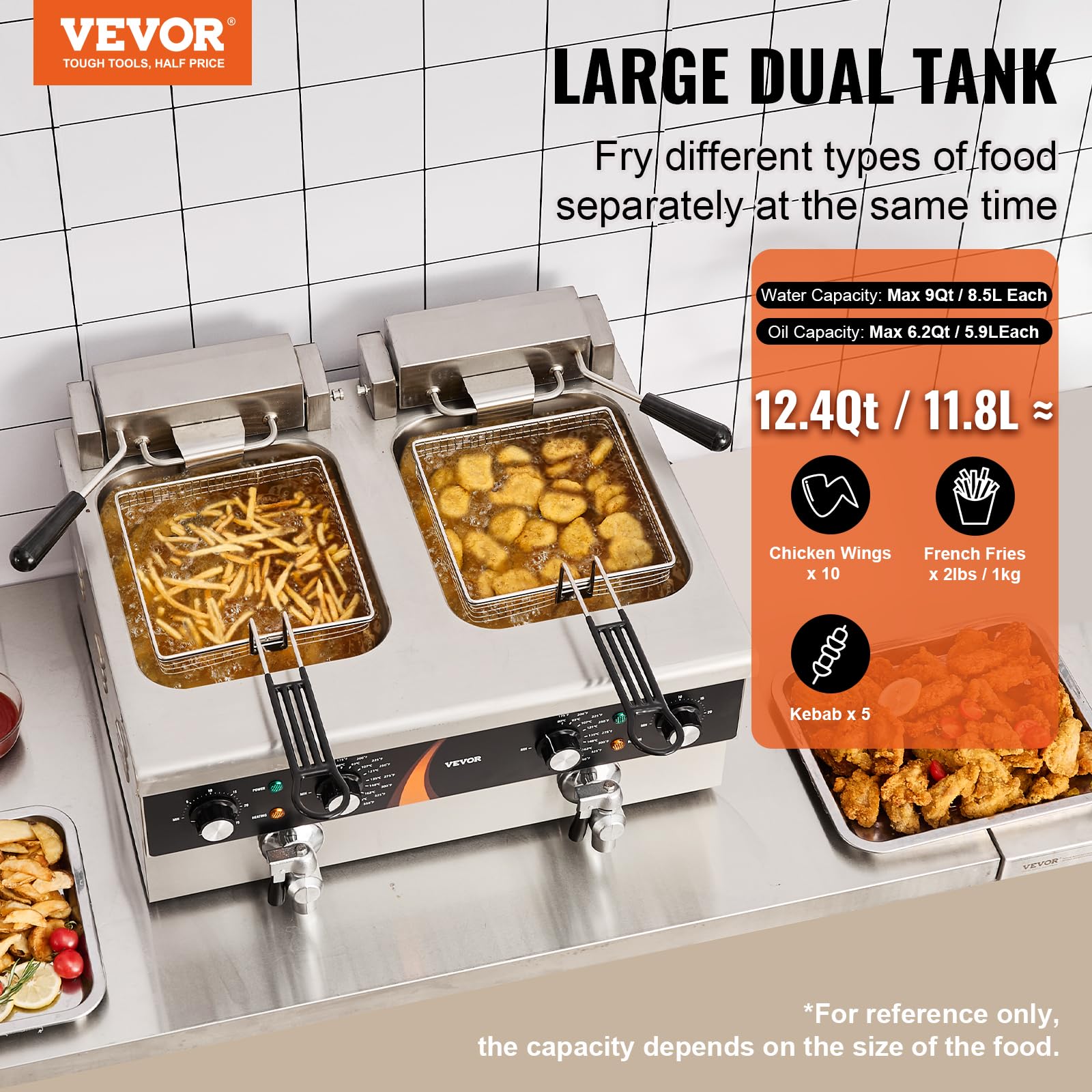 VEVOR Friggitrice Commerciale Elettrica da Banco a Doppia Vasca 3000 W, 2 Friggitrici a Olio 8,5 L con 2 Cestelli, Acciaio Inox Spesso 1 mm, Controllo Tempo Temperatura, per Uso in Cucina Ristorante