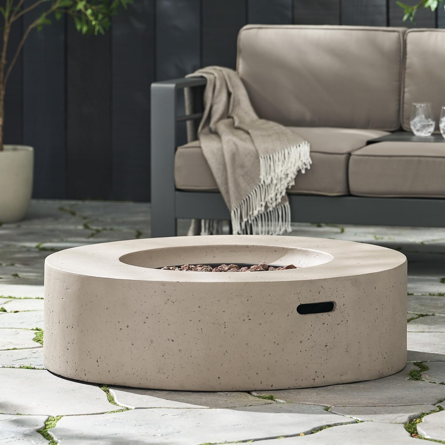 Outdoor Propane Gas Fire Pit, Modern 50000 BTU Round MgO Concrete Fire Table for Backyard Lawn Patio Deck Garden, 39.25" x11.5", Light Grey (Lava Rocks & Tank Cover not Included)