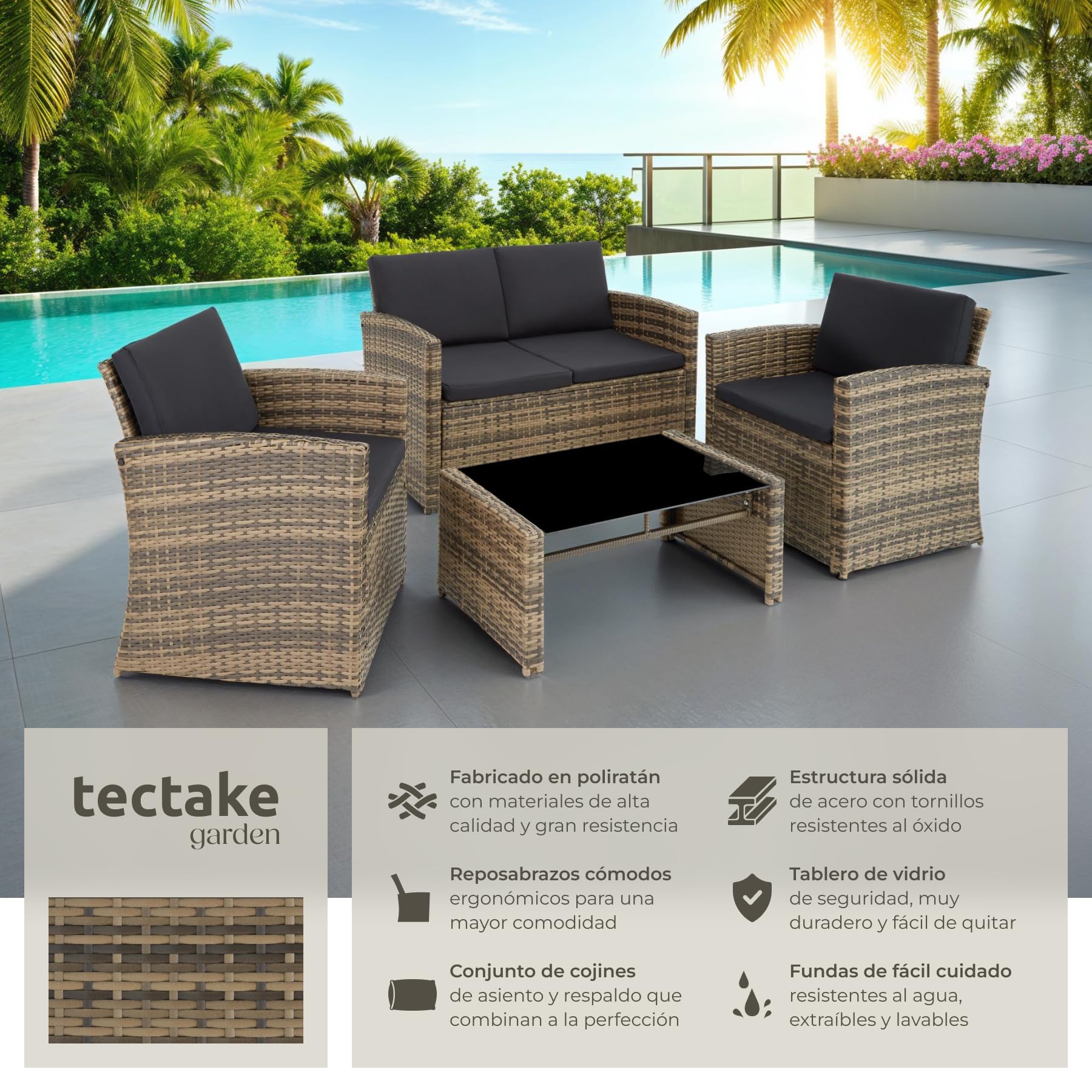 tectake® Conjunto Jardín de Ratán y Acero, Muebles Jardín Exterior, 2 Sillones 1 Sofá 1 Mesa con Cristal, Conjunto Terraza Resistente a Intemperie, con Cojines, Fundas Extraíbles - natural/gris oscuro