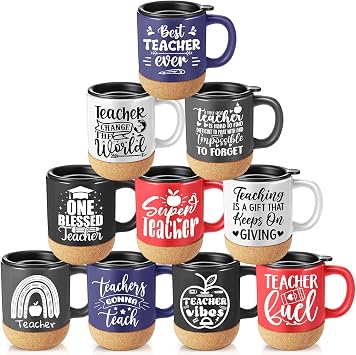 Didaey 10 Pcs Teacher Appreciation Gifts Teacher Mugs Bulk 12 oz Ceramic Coffee Cups with Lid and Cork Base End of the Year Teachers Gifts Thank You Mugs for Women MenCute Style,Multi-color