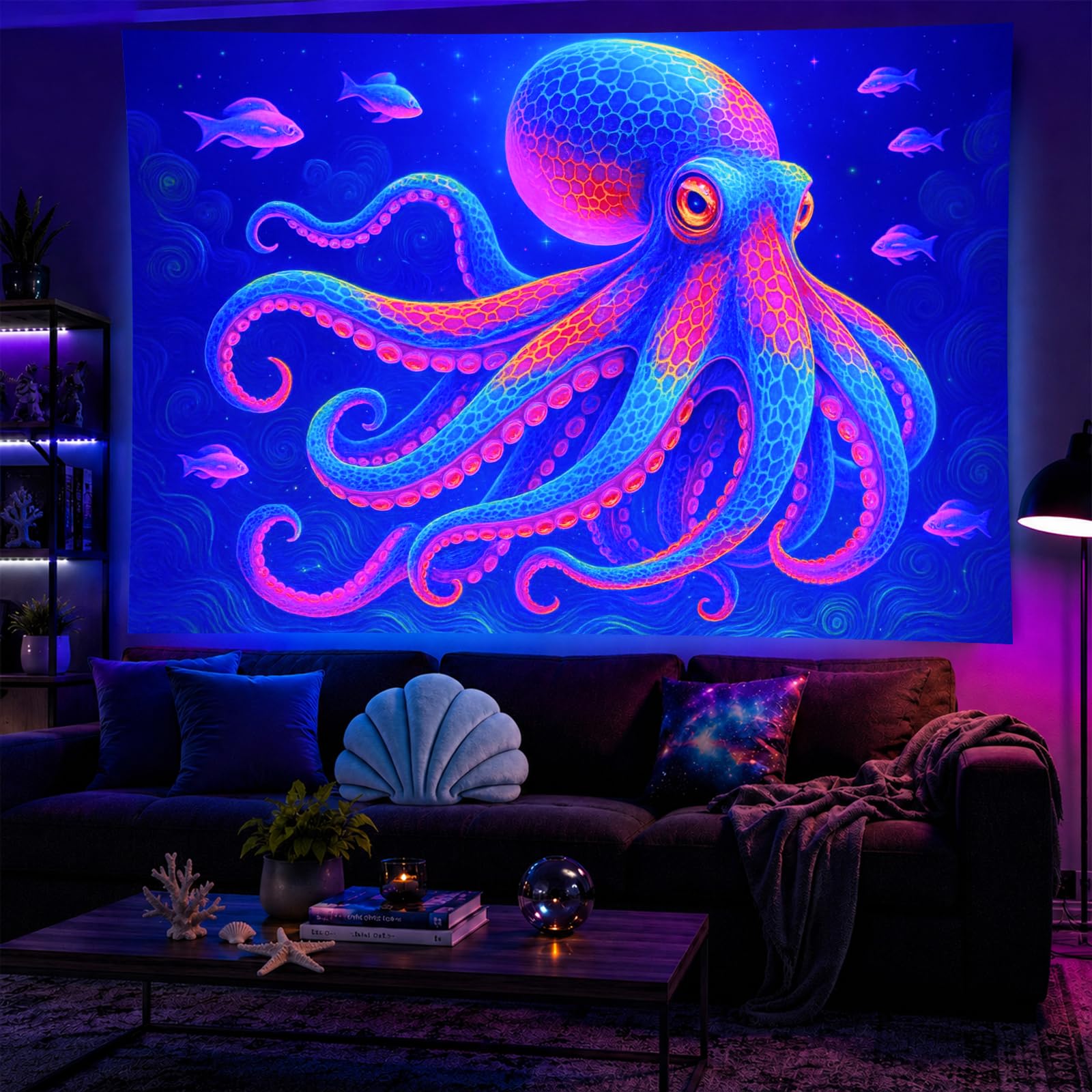 BlissYard Blacklight Tapestry Octopus Ocean Glow Backdrop 78 x 59 Inch