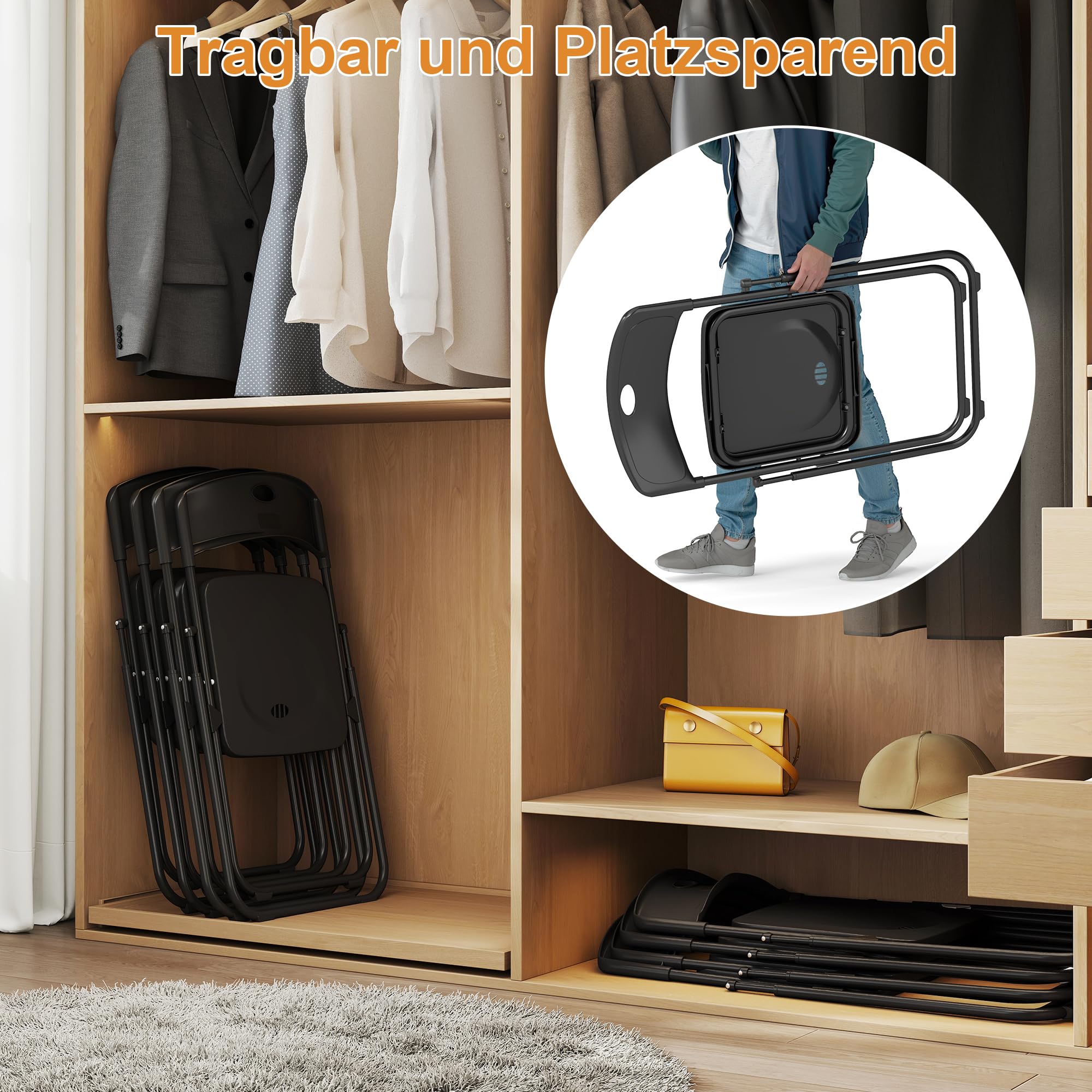 Juego de 4 sillas plegables para ahorrar espacio, de plástico y metal, sillas de jardín plegables resistentes hasta 158 kg, cómodas y ligeras, para interiores y exteriores, camping, color negro