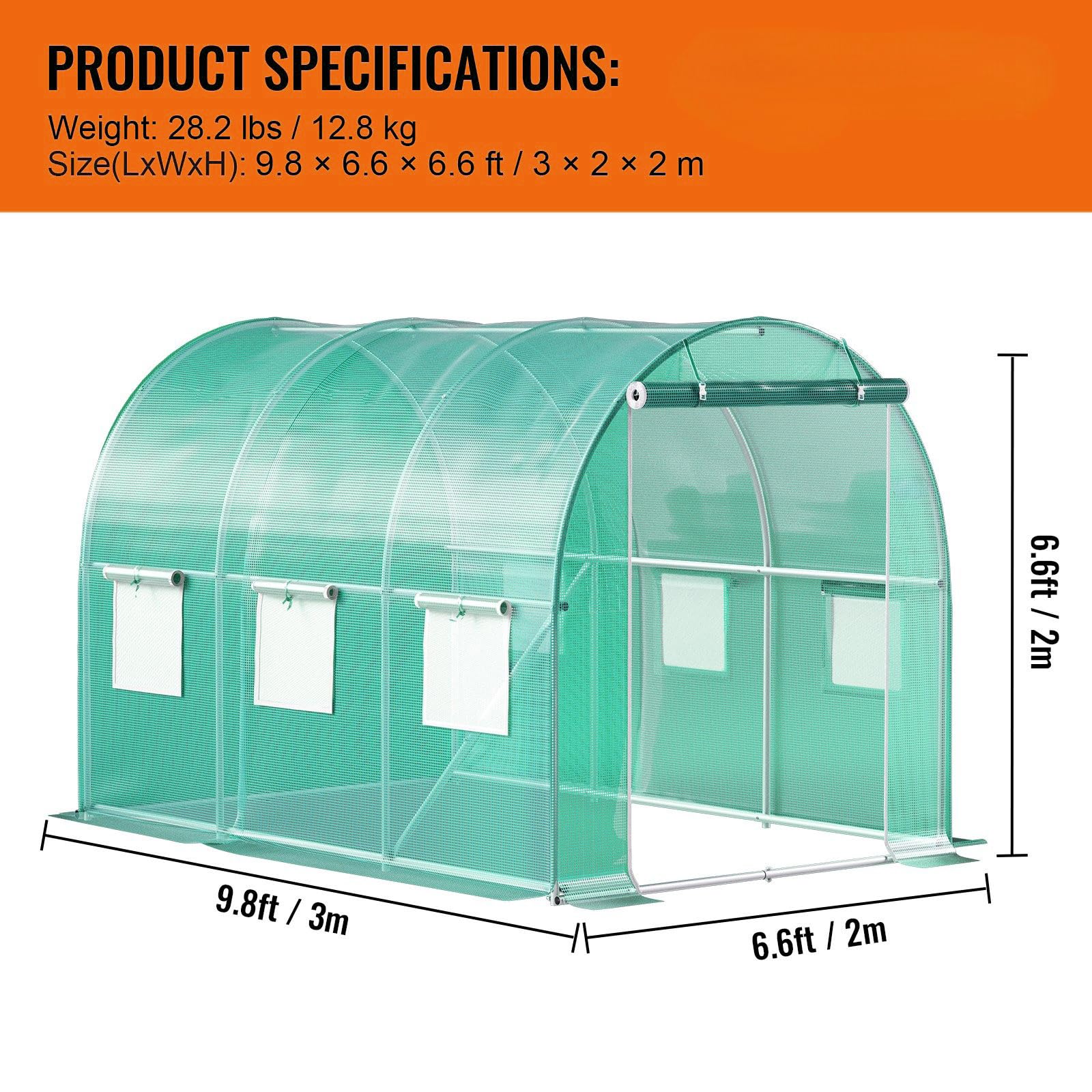 Invernadero de Exterior 10ft x 6.6ft x 6.6ft, Invernadero de Túnel con Puerta Enrollable, 6 Ventanas de Malla, Cubierta PE 140g/m² y Marco de Acero Galvanizado para Cultivos