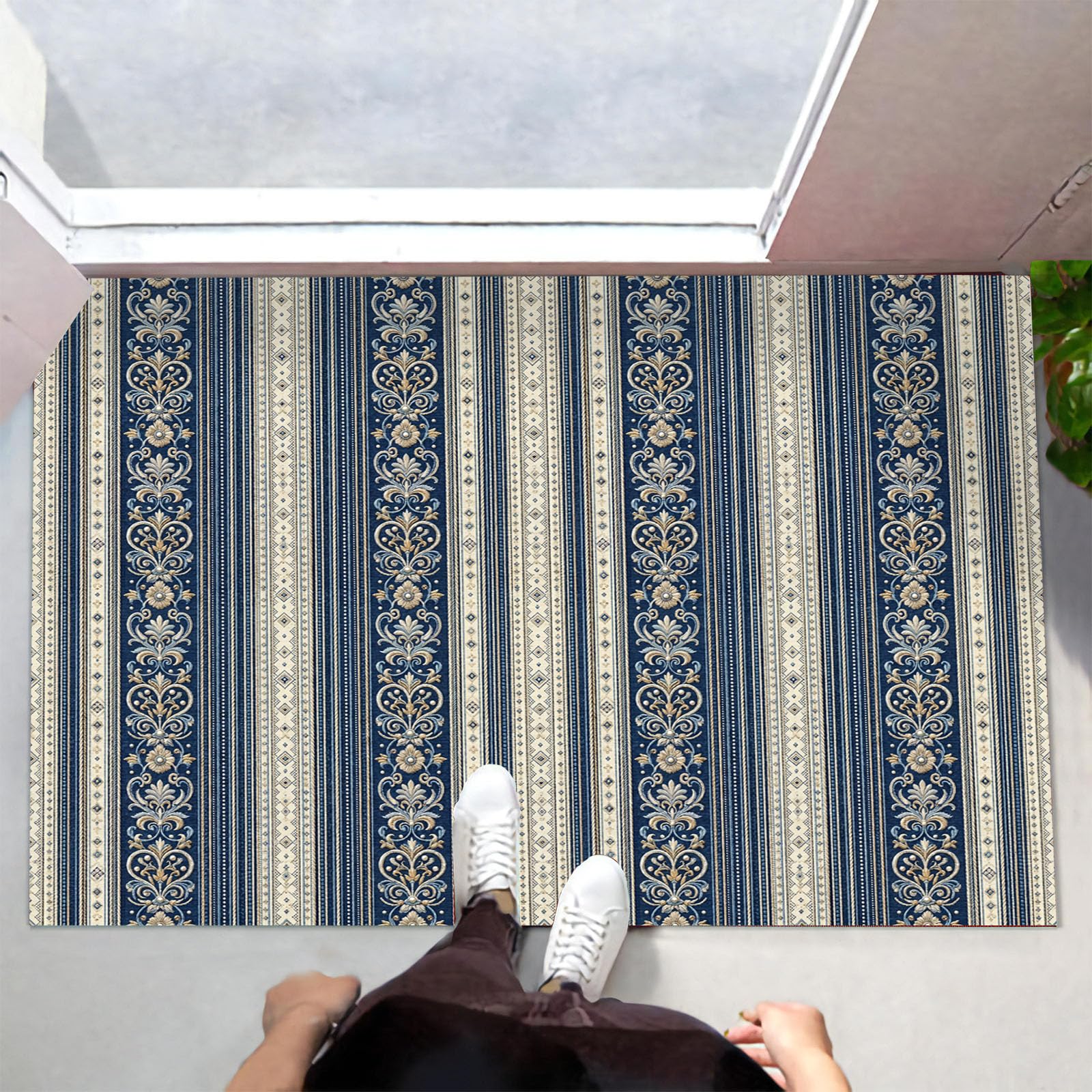 Zerbino Ingresso Interno Eleganti Righe Damascate, Zerbino Di Benvenuto Lavabile Morbida Geometrico Retrò, Antiscivolo Tappeto Da Decorazioni Beige Blu Per Casa Porta D'Ingresso, 90X150Cm