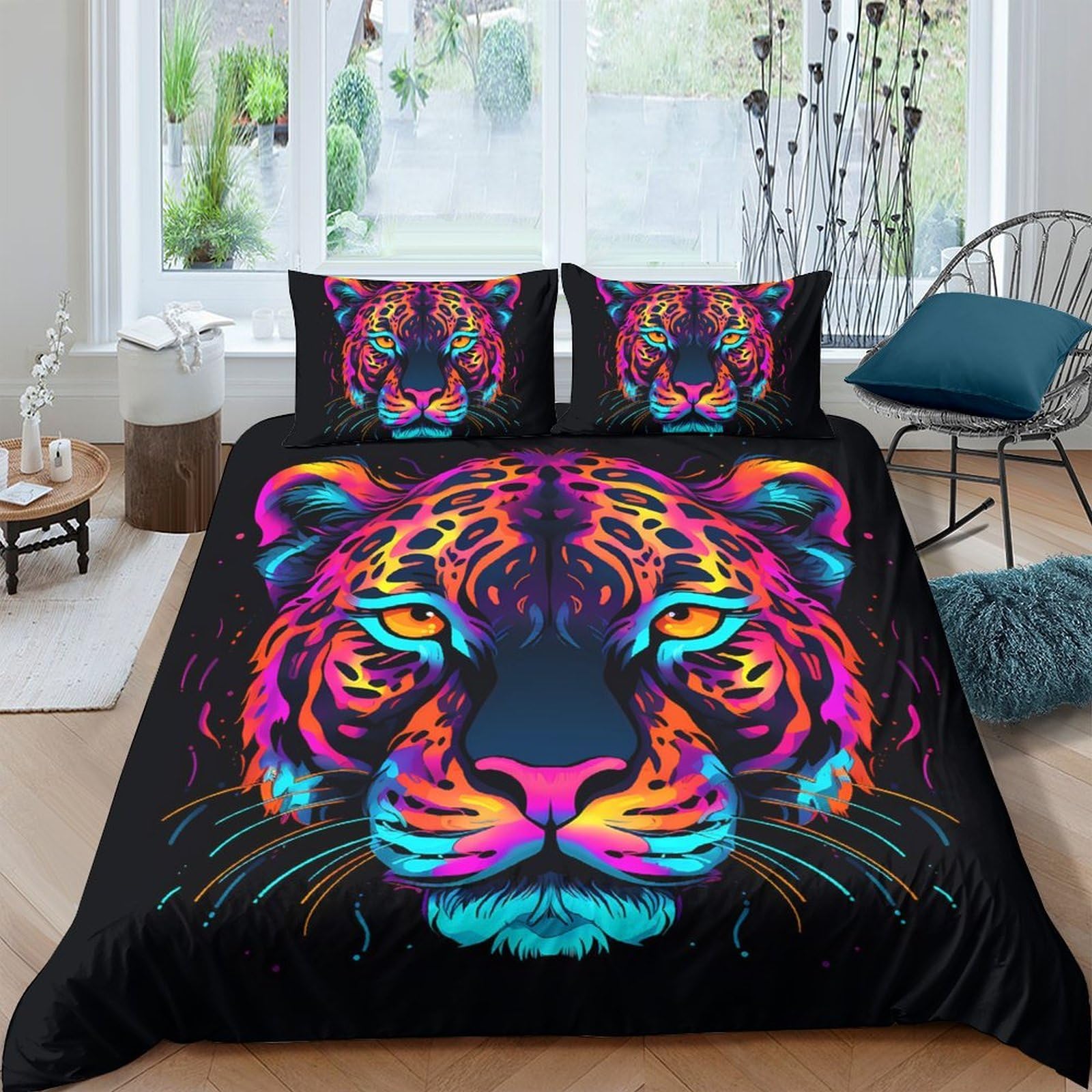 Ctjqhvkz Style-10 3D Printed Neon Tiger Fitted Sheet Microfiber Soft Vibrant Animal Face Mattress Cover For Bedroom Guest Room Decor Single（135X200cm）