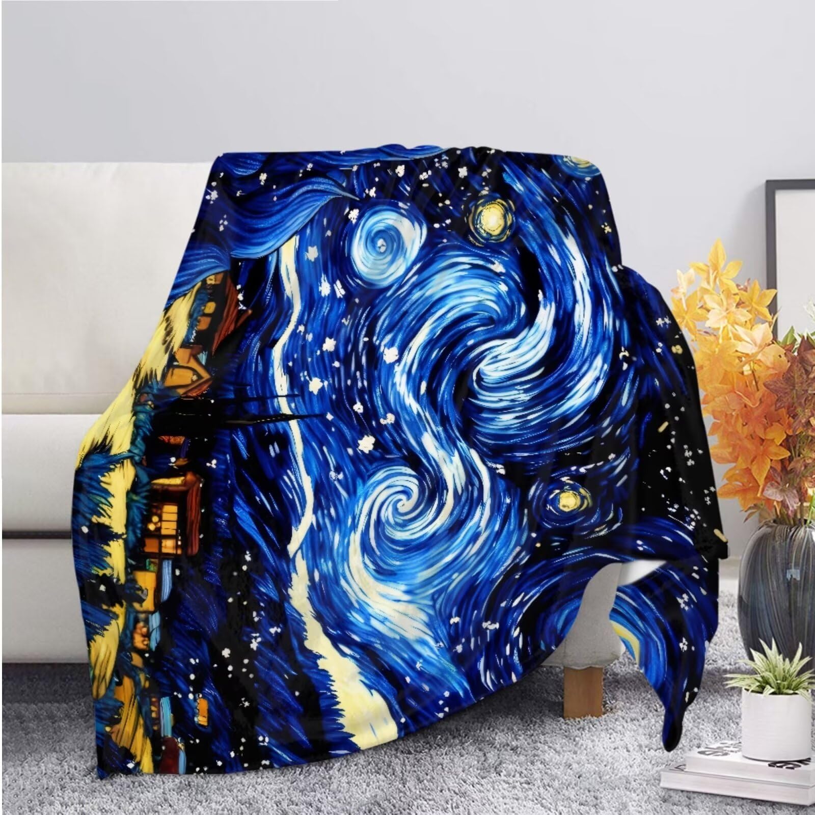 Coral Fleece Blankets & Throws for Sofa, Blue Throw Blanket for Couch, Lightweight Soft Fuzzy Travel Blanket, Home Decor Aesthetic Famous Art Print Starry Night, S in Full Size Thin Model