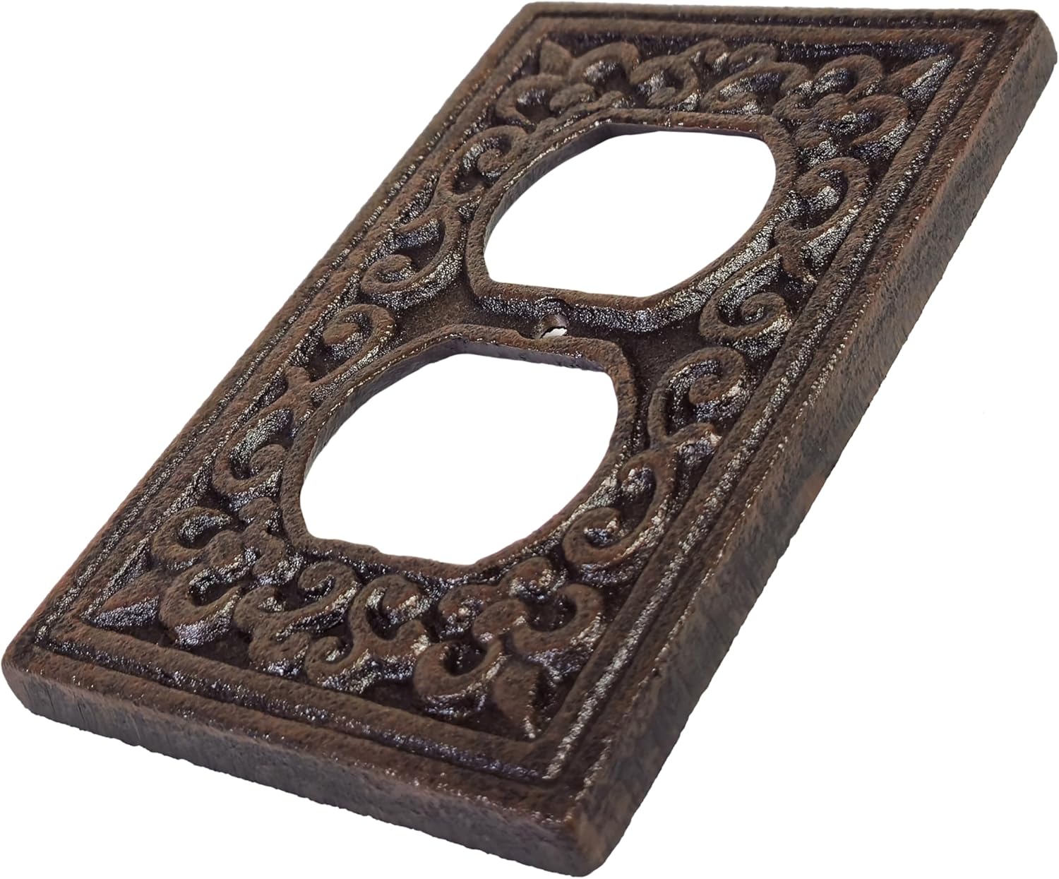 Lulu Decor, Cast Iron Fleur De Lis Dual Plug Plate in Antique Rustic Brown Finish (2 Pcs)