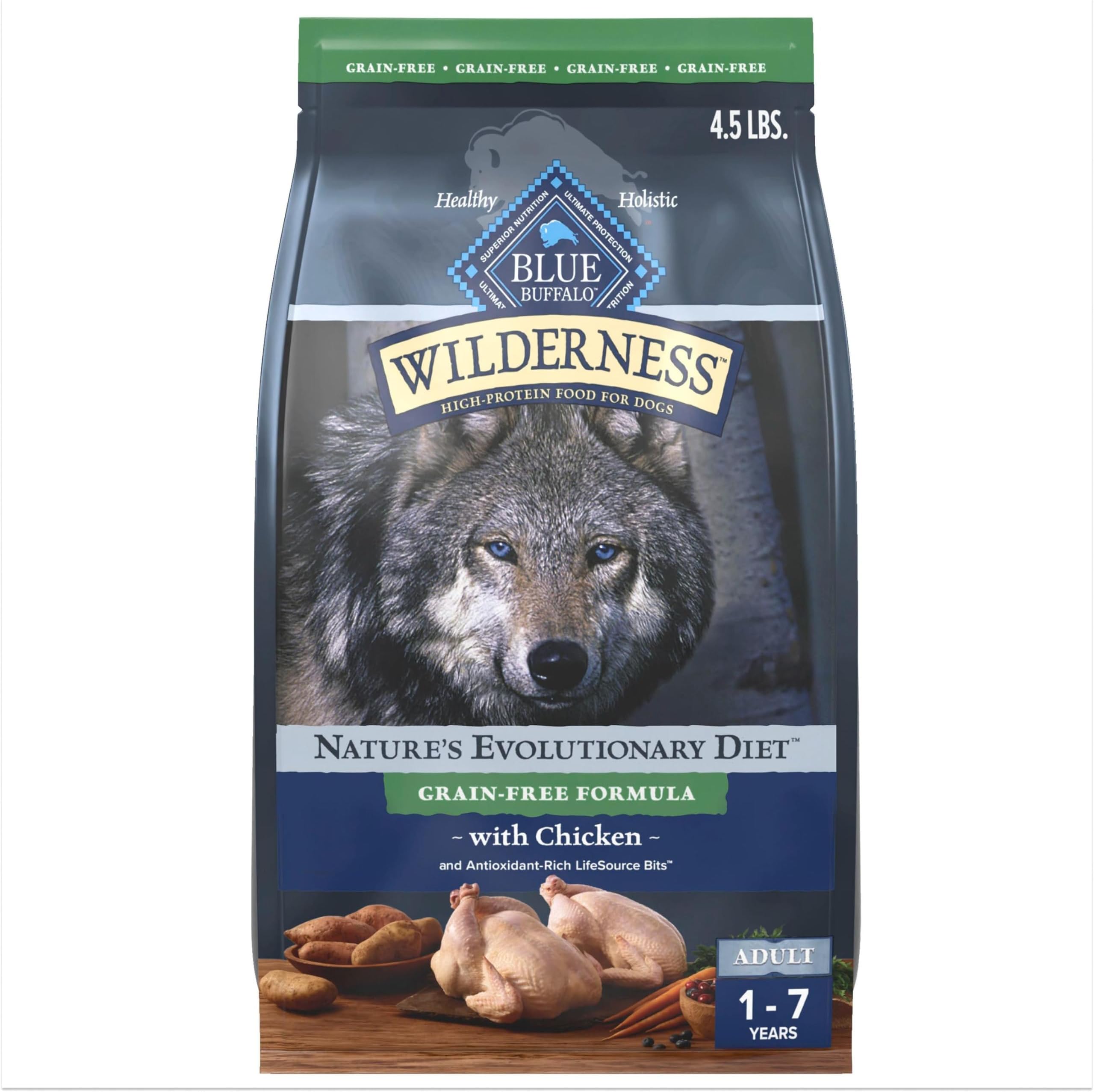 Blue Buffalo Wilderness Adult High-Protein Dry Dog Food with Real Chicken, Grain-Free, Made in the USA with Natural Ingredients, Chicken, 4.5-lb Bag