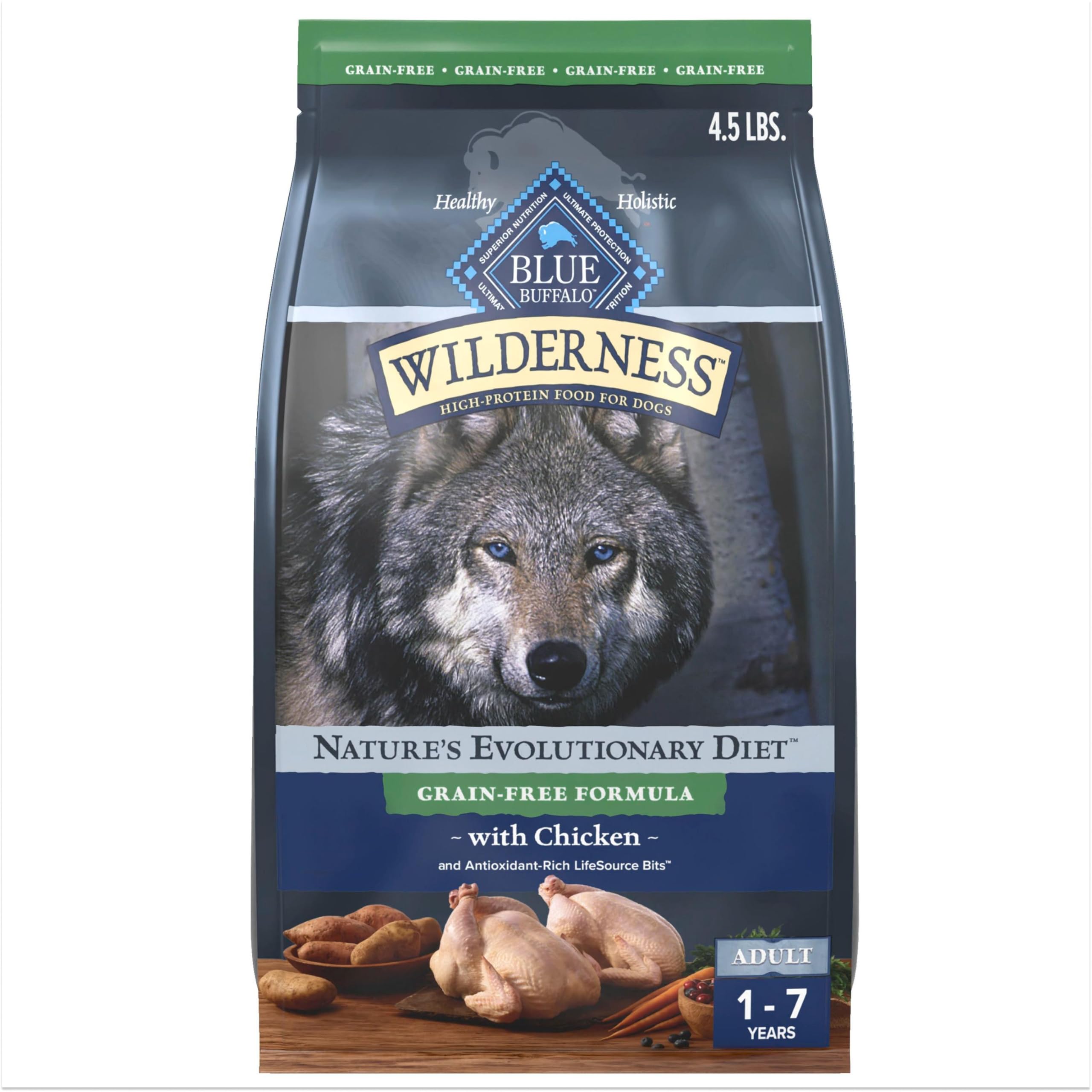 Blue Buffalo Wilderness Adult High-Protein Dry Dog Food with Real Chicken, Grain-Free, Made in the USA with Natural Ingredients, Chicken, 4.5-lb Bag