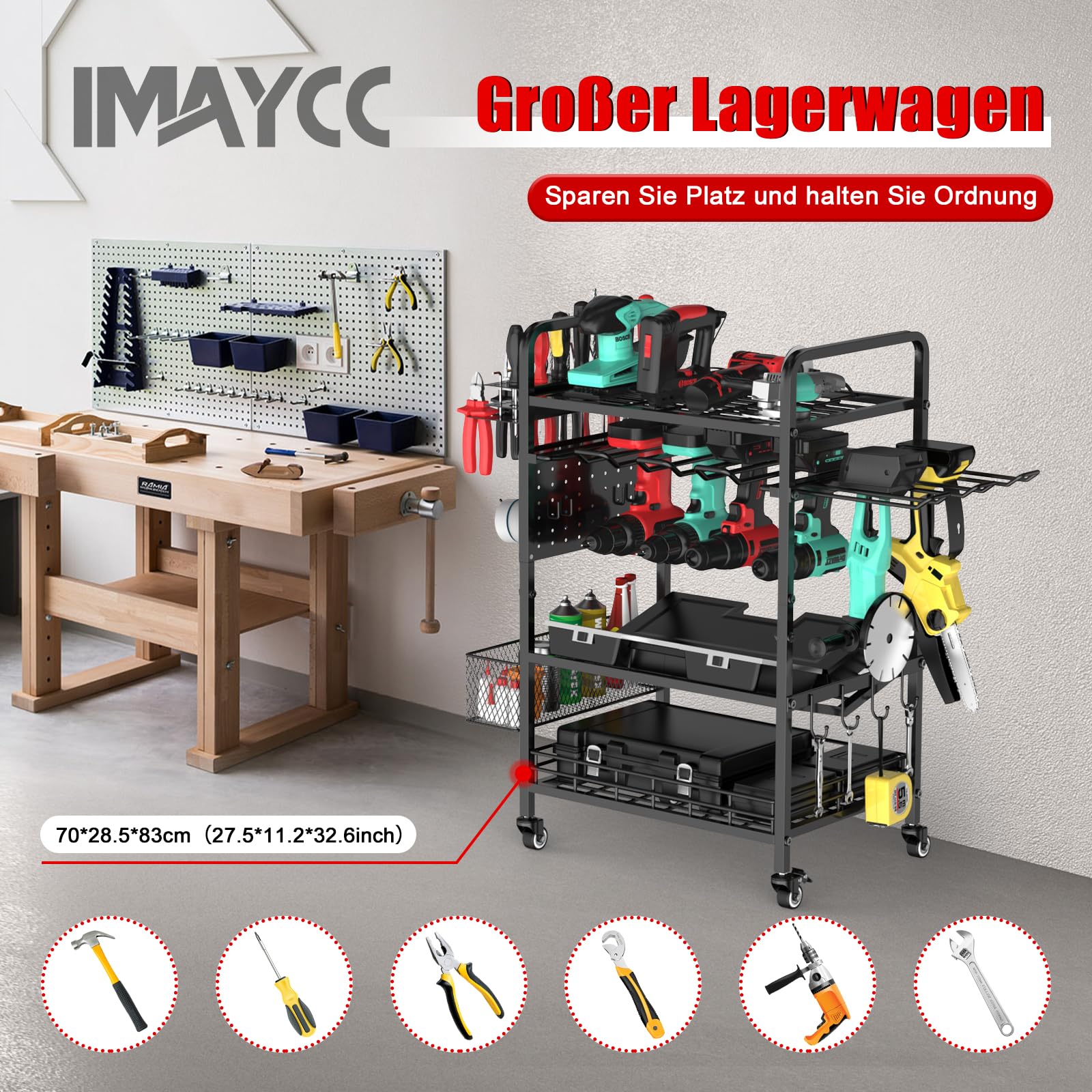 IMAYCC Organizer elektronarzędzia z kółkami, 4-warstwowy wózek do przechowywania narzędzi z stali węglowej, nośność 100 kg, uchwyty na wiertarki, stacja ładująca
