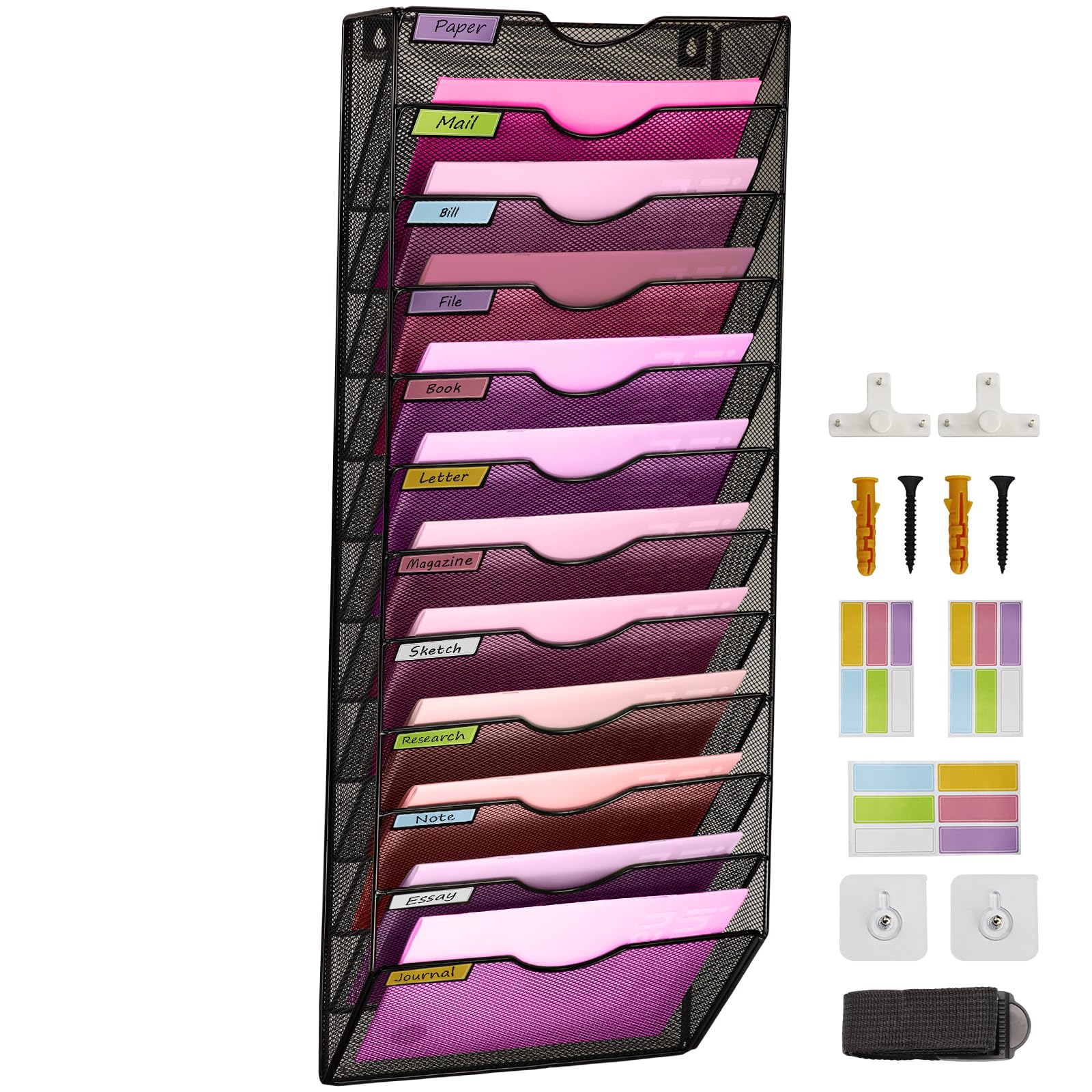 Ideallife 12 Tier Wall Mounted Document Holder, A4 Mesh In Tray Wall Pocket File Holder Mail Organiser Magazine Storage Rack, Desk Tidy Stationary Organiser A4 Paper Storage For School Home And Office