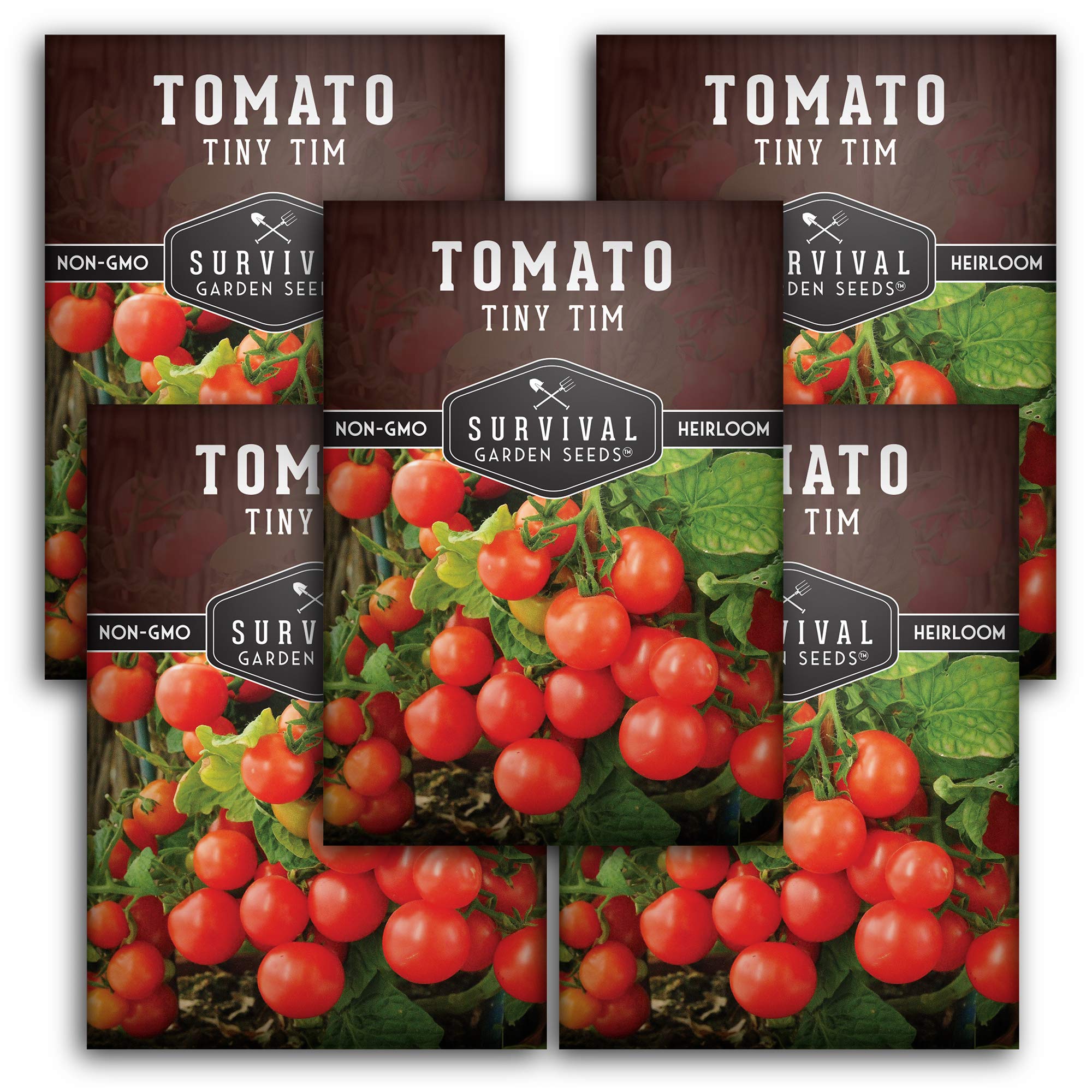 Survival Garden Seeds - Tiny Tim Tomato Seeds for Planting - 5 Packs with Instructions to Grow in Your Home Vegetable Garden - Non-GMO Heirloom Variety