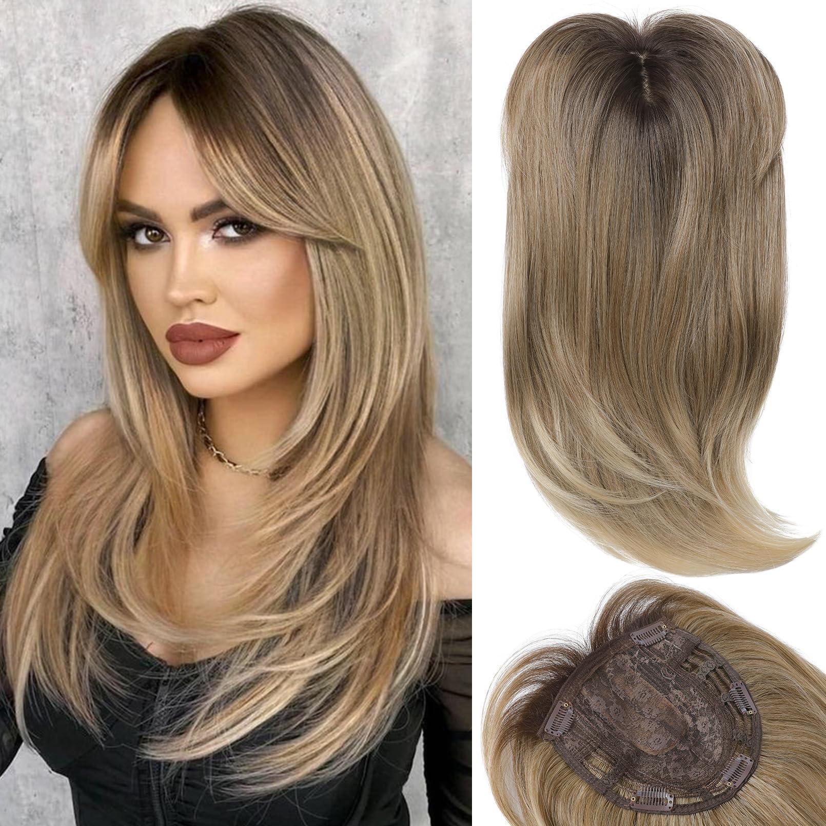 HOOJIH Hair Topper, Long Layered Hair Topper with Bangs for Women with Thinning Hair 18 Inch Slightly Curled Ends Wiglets Synthetic Fiber Hair Pieces for Women - Ombre Dark Blonde