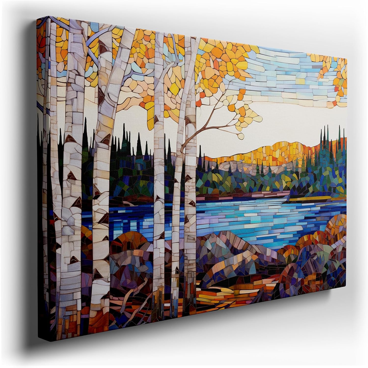 Canvas for Living room. Autumn Serenity Captured in Mosaic � An Artistic Ode to Riverside Tranquility, 27 x 18 inch Canvas Wall Art - Contemporary Masterpieces - Modern Home Decor