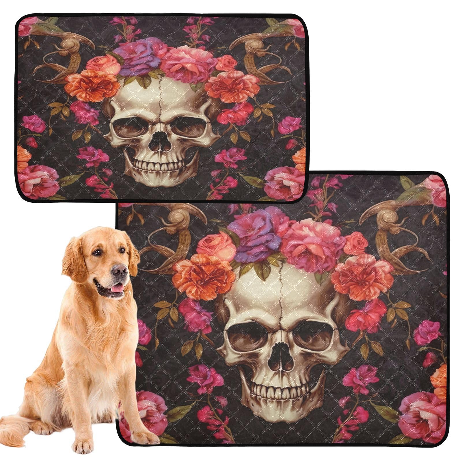 Flradish Beautiful Flowers and Skull Reusable Puppy Pads, 2 Pack Large 24x36 in+36x42 in Washable Pee Pads for Dogs Waterproof Non-Slip Dog Training