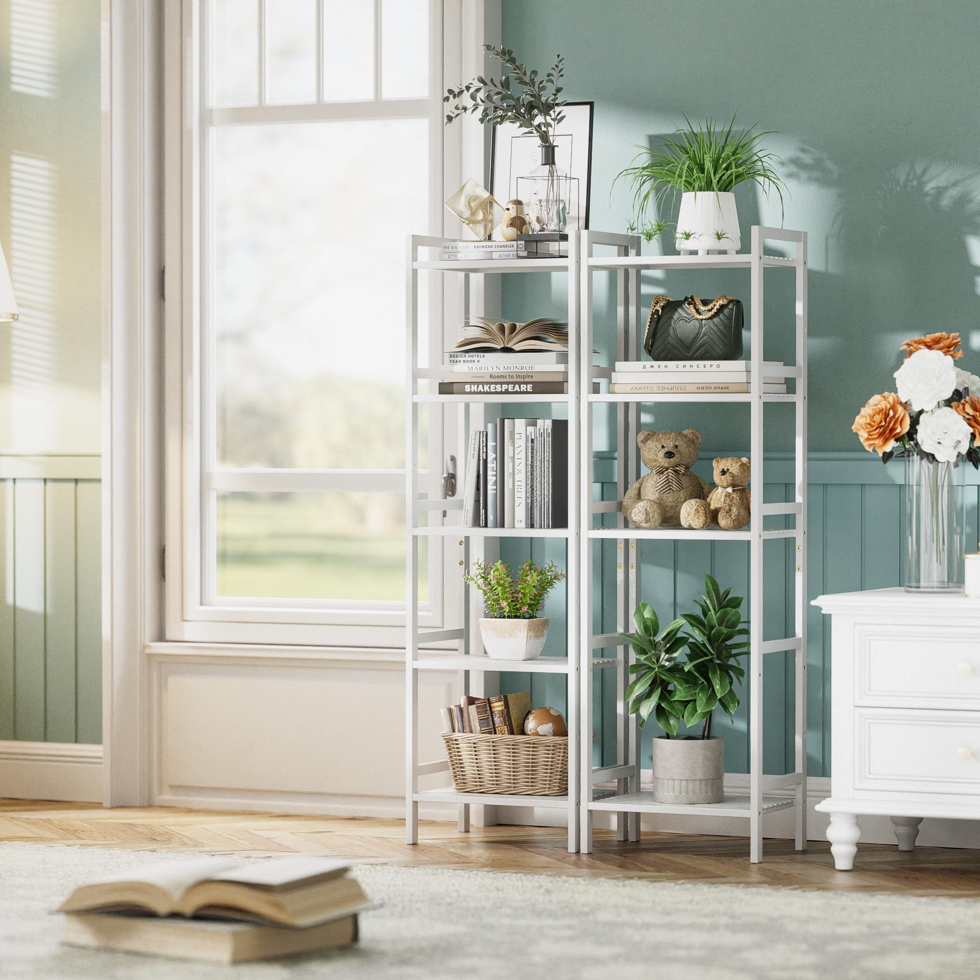 HITNET Etagere 5 Niveaux, Bibliotheque Salle de Bain Rangement Bambou avec Étagères Réglables, Support de Plantes Gain de Place, pour Salon, Balcon, Cuisine, Blanc