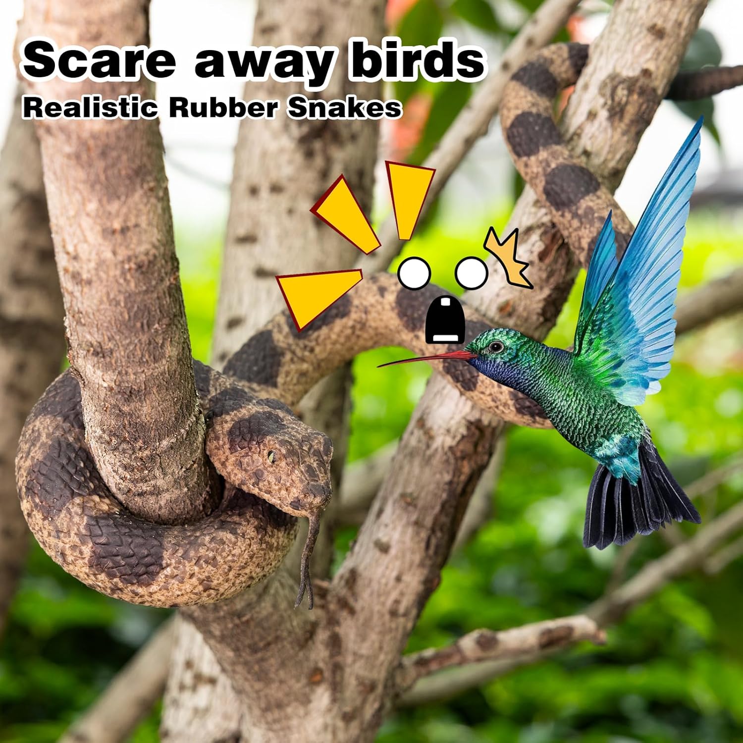 2Pcs Realistic Fake Snakes Toy for Pranks, Lifelike Rubber Snake Keep Birds and Squirrels Away, Rattlesnake Prop for Halloween, Outdoor Yard Decoration