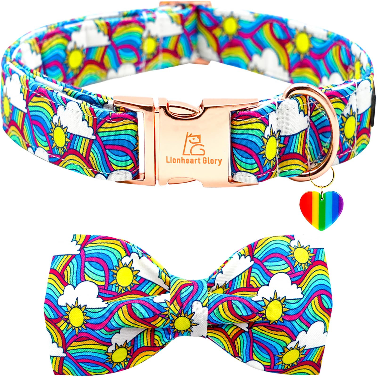 Lionheart glory Rainbow Dog Collar Colorful Dog Bow Collar Heavy Duty Adjustable Pride Dog Collar with Bowtie for Small Dogs Pet Gift