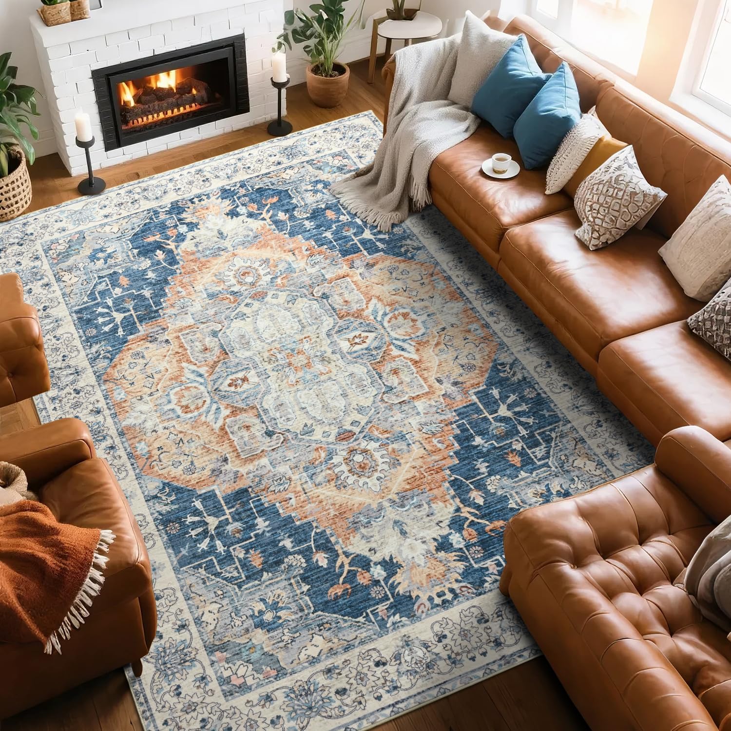 Large Area Rugs 9x12, Low Pile Washable Rugs - Soft Vintage Distressed Rugs for Living Room Bedroom, Office, Dining Room, Water Repellent & Non Shedding, Blue and Orange Blue and Orange 9' x 12' (Rectangular)