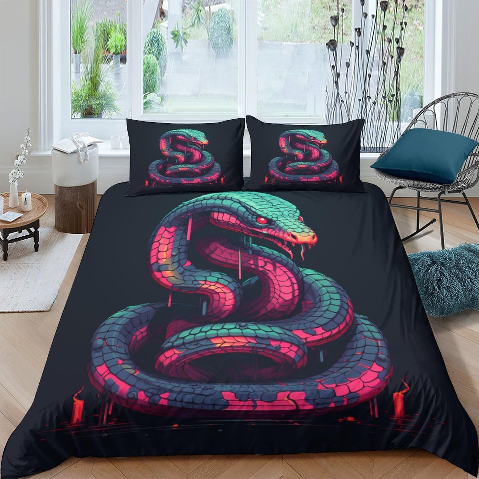 Parure de lit serpent 3D colorée 3 pièces housse de couette zippée microfibre 200x200