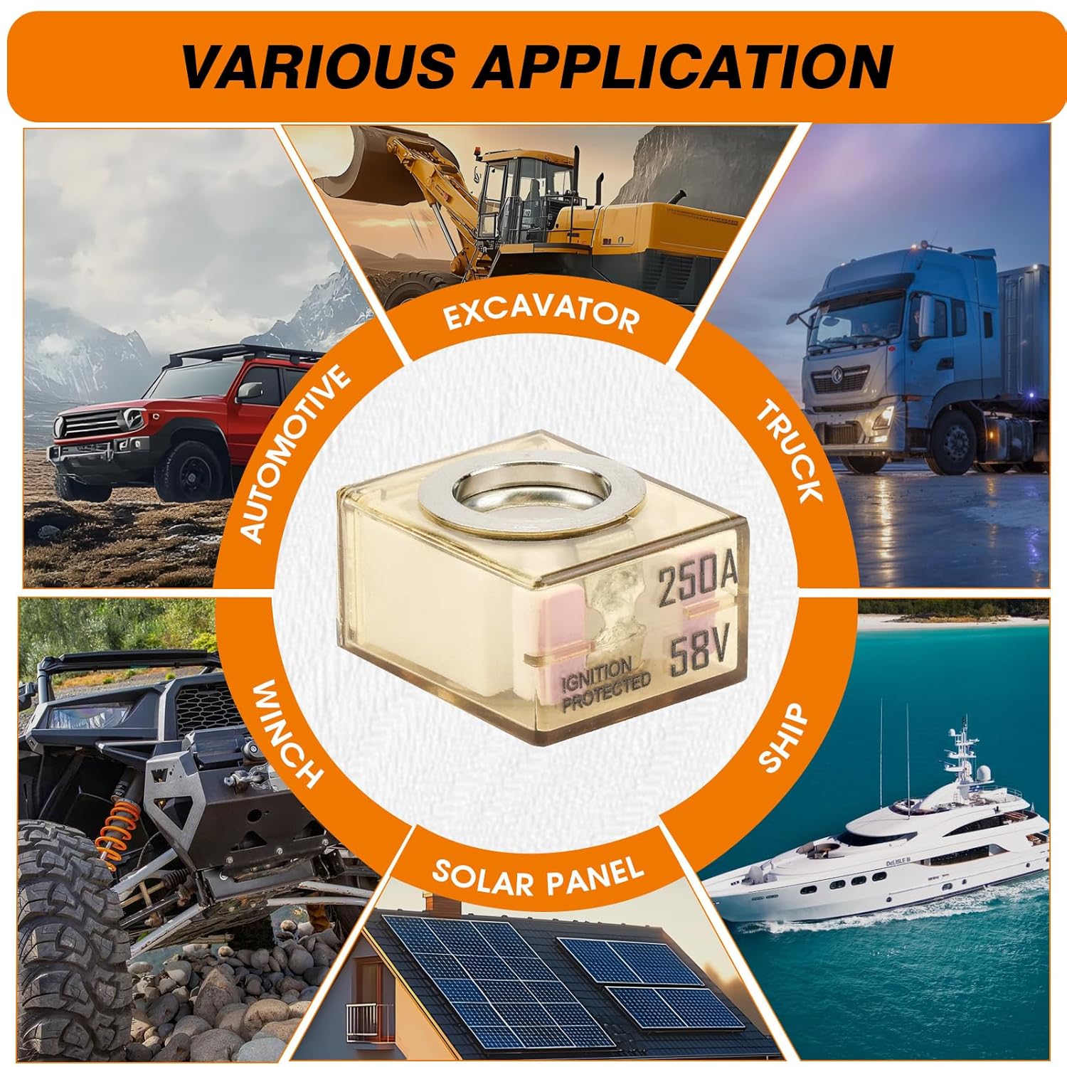 IPBF Marine Rated Battery Fuse 58V Ignition Protected for Boats Trucks RVs Construction Vehicles Ceramic Thermoplastic(250A,5PACK)