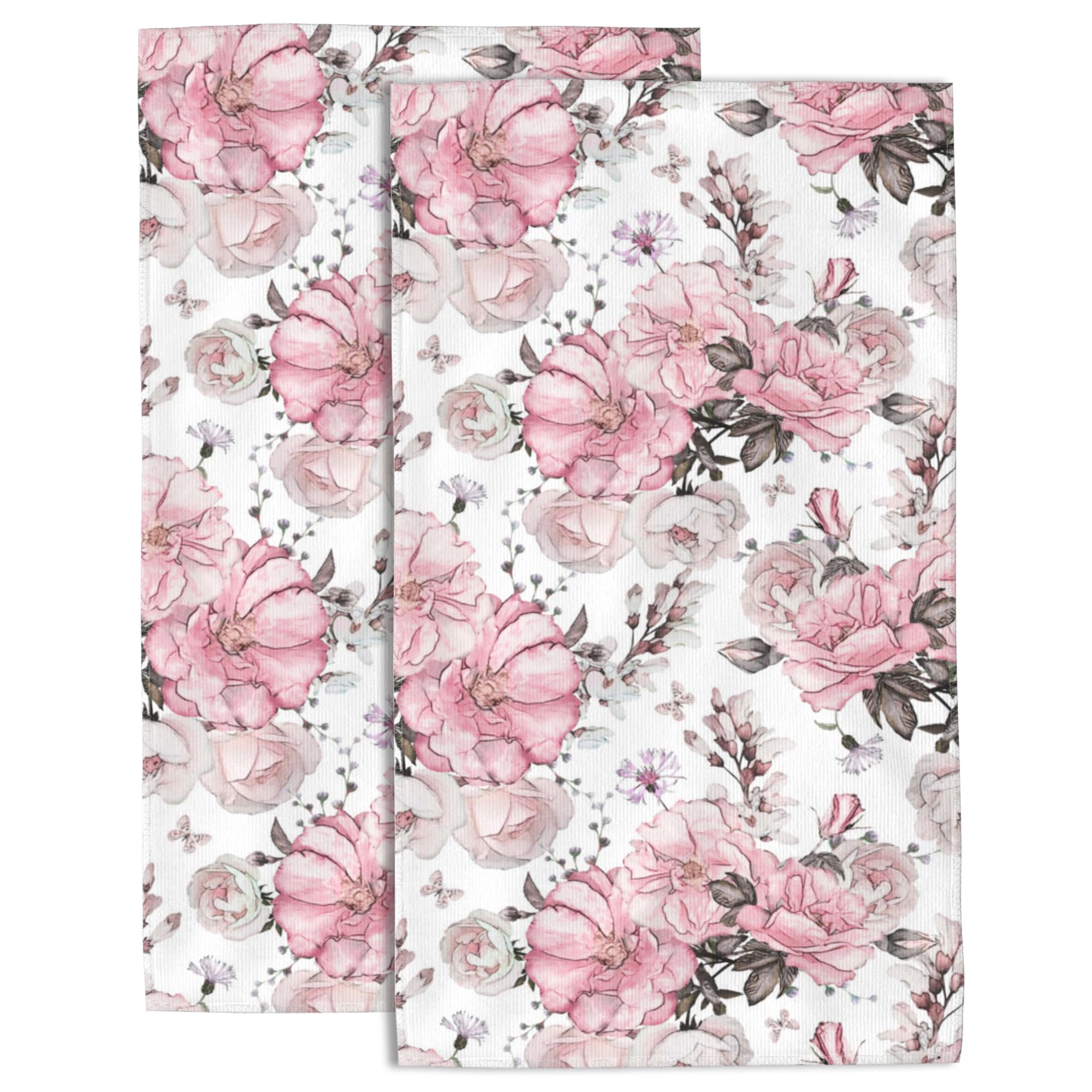 Wotinsi Flower Rose Hand Towels - Set of 2 Watercolor Floral Absorbent Decorative Towels for Bathroom & Kitchen - 14 x 28 in