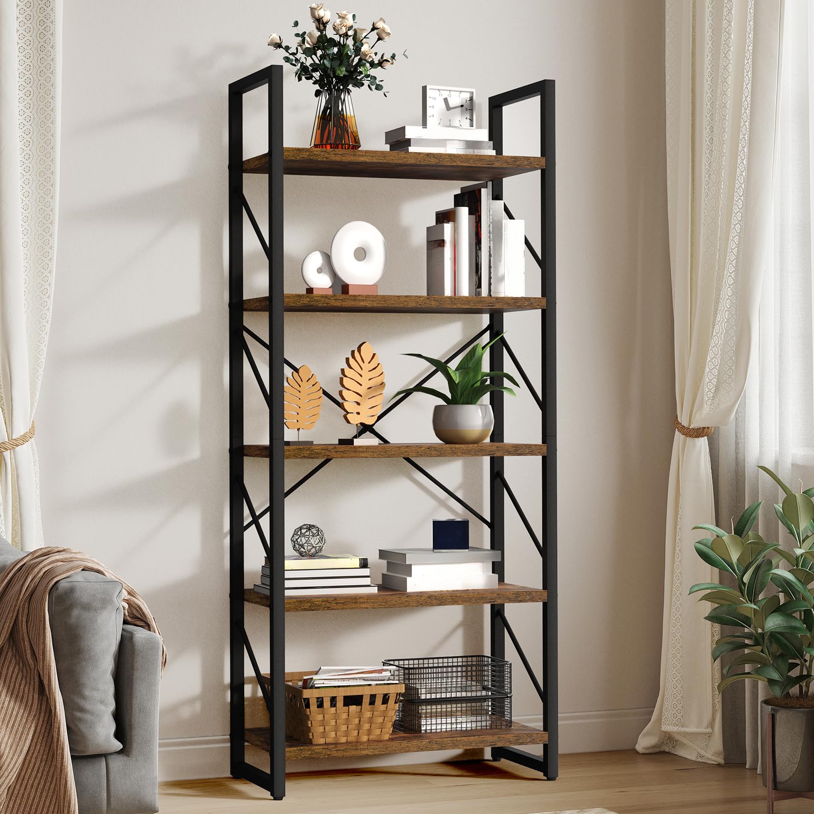 YITAHOME 5 Tiers Bookshelf, Artsy Modern Bookcase, Storage Rack Shelves Books Holder Organizer for Movies in Living Room/Home/Office - Rustic Brown