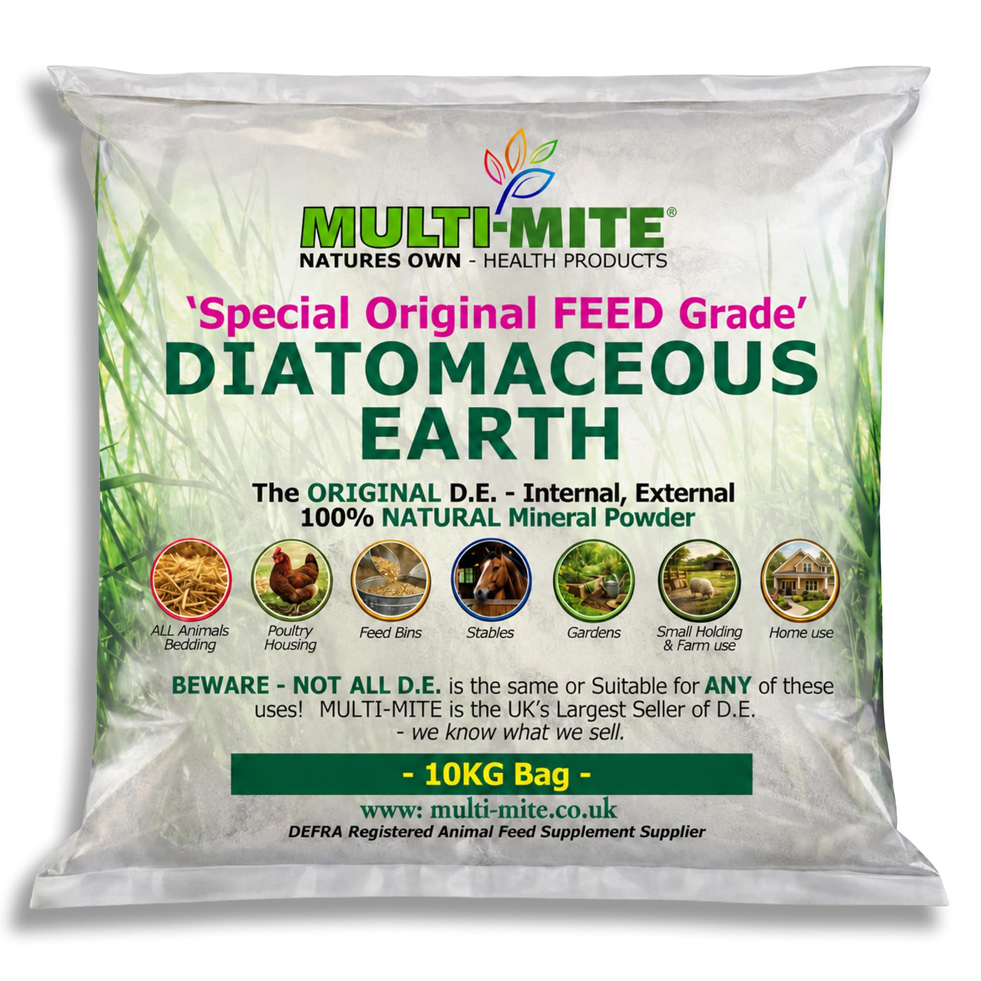 MULTI-MITE 10KG Bag Feed Grade Diatomaceous Earth DE Powder for Dogs Cats Poultry Animal Bedding & Housing Pet Areas, Stables, Gardens. 100% Natural Highly Absorbent & Desiccating DEFRA Registered