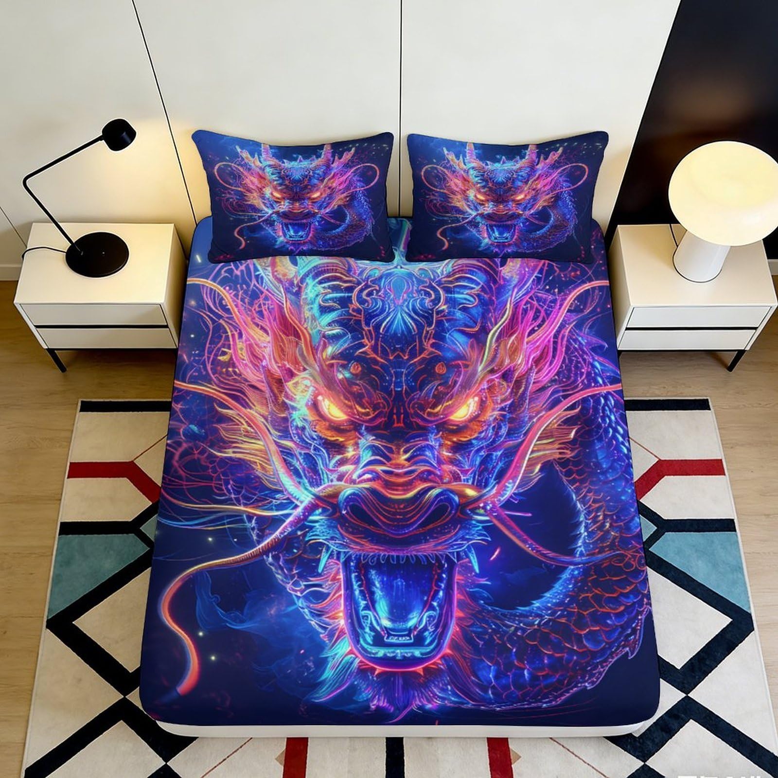 3D Printed Neon Dragon Fitted Sheet Microfiber Soft Breathable Fiery Asian Myth Mattress Cover for Bedroom Dorm Decor 160x200x25cm